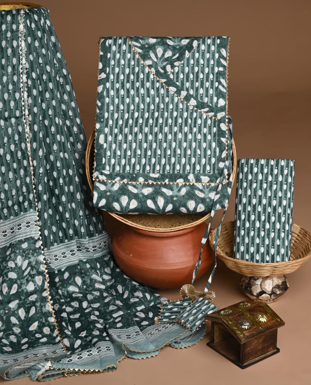 Deep Green Angrakha Printed Trending Cotton Suit Set