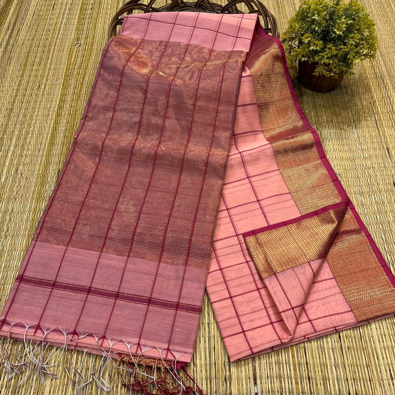 Maheshwari Silk Saree In Peach