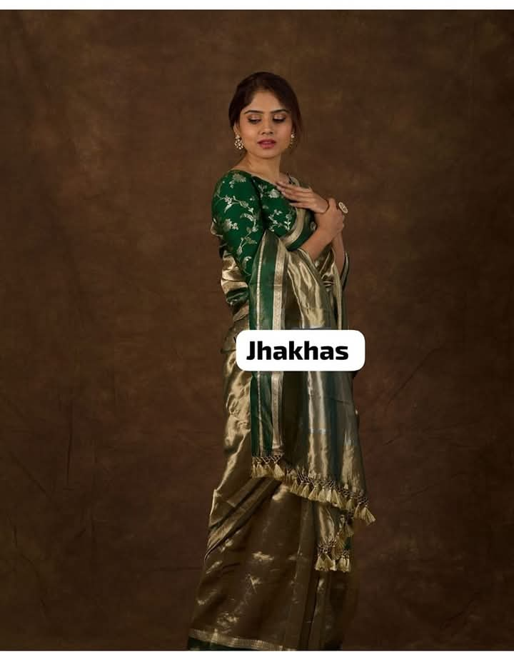 Green Shimmer Banarasi Handloom Tissue Zari Border Silk Saree