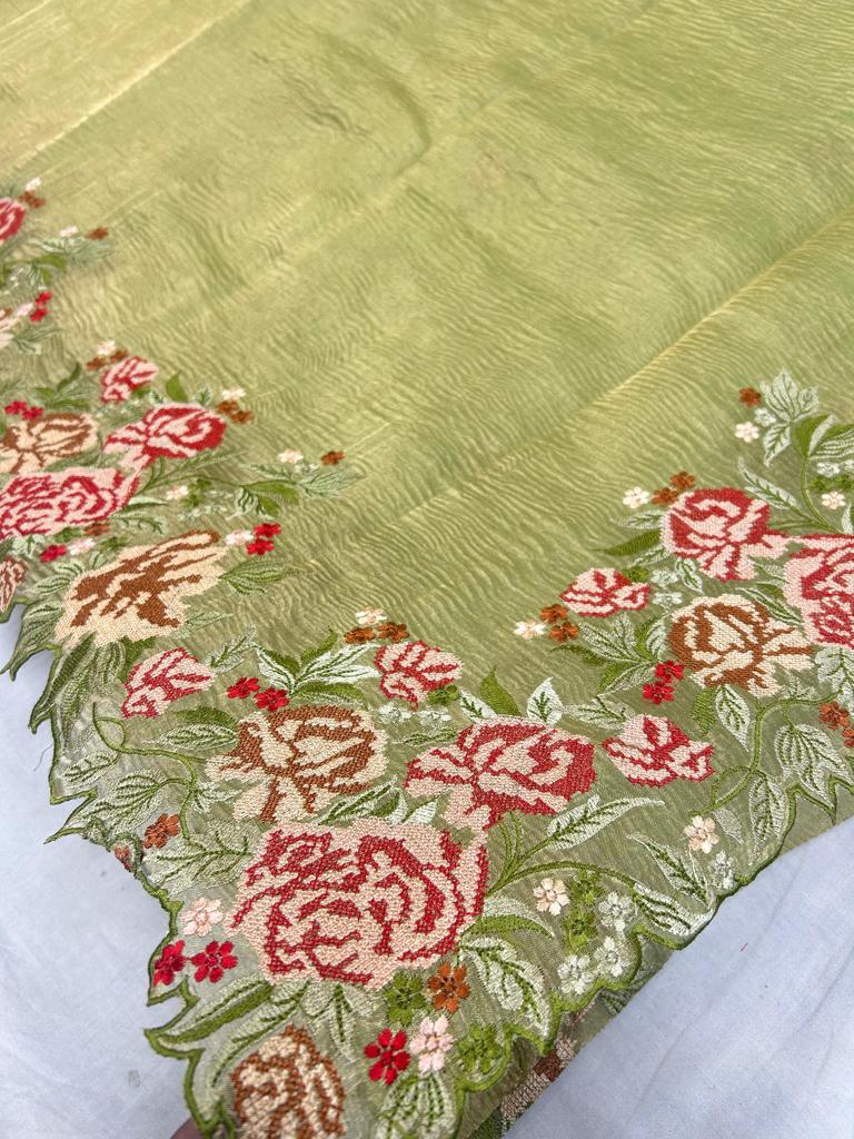 Buy online Pure Tissue Silk Saree with Kashmiri Embroidery Work -  Yellow-AF929