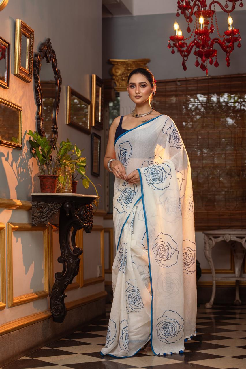 White & Blue Premium Mulmul Cotton Hand Crafted Saree