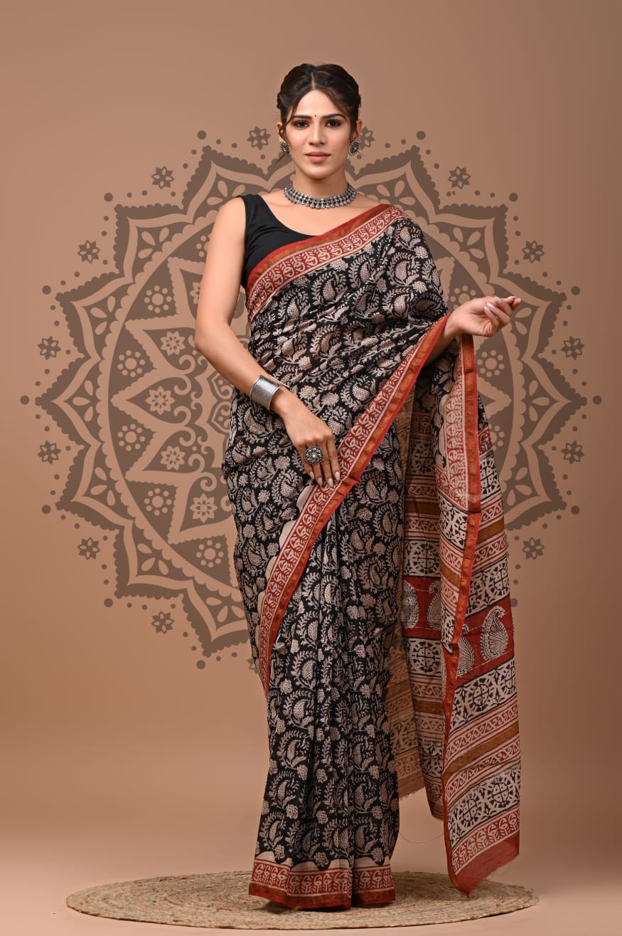 Black Maheshwari Bagru Block Print Saree