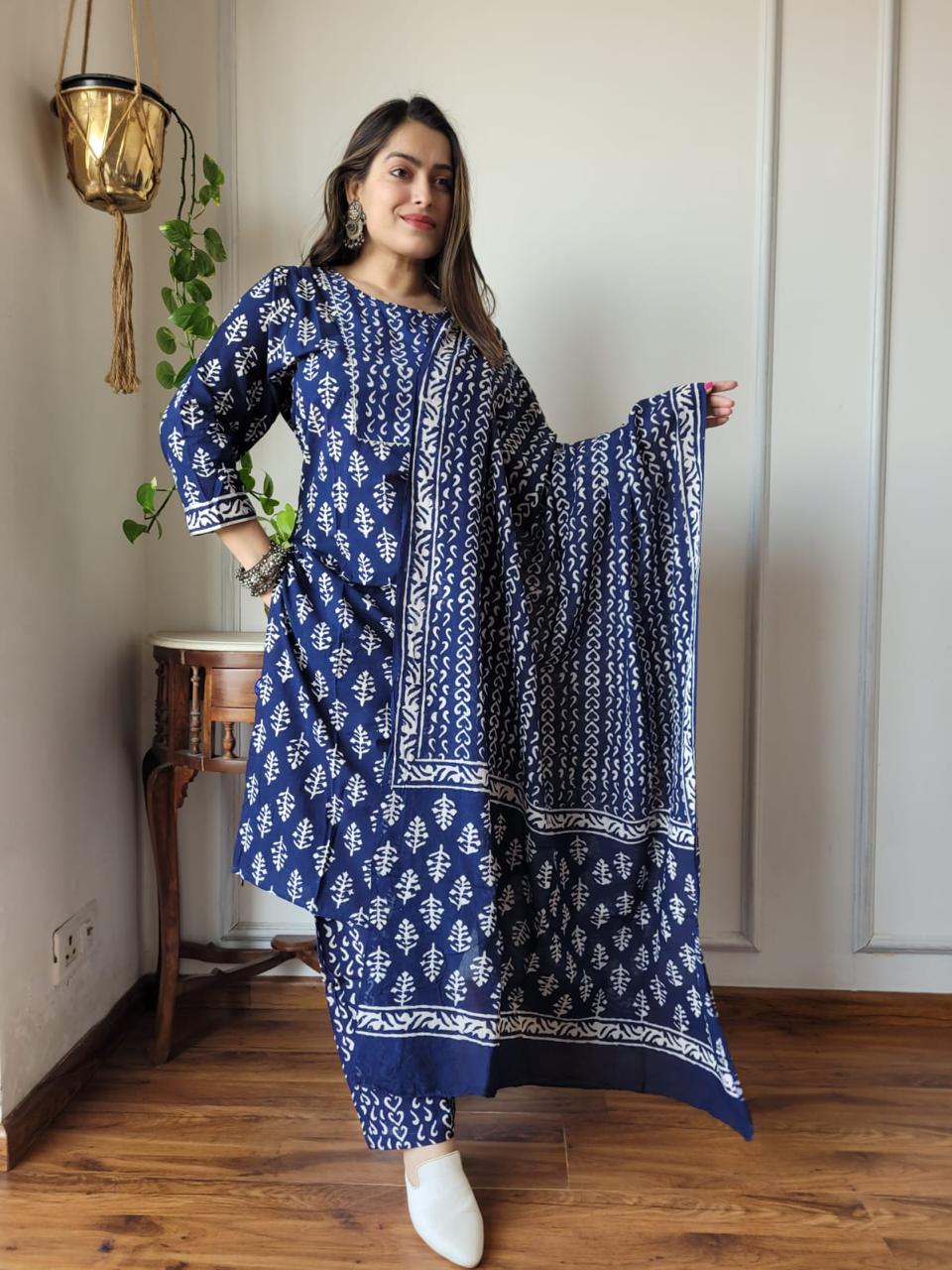 Ink Blue Block Print Suit Set With Dupatta