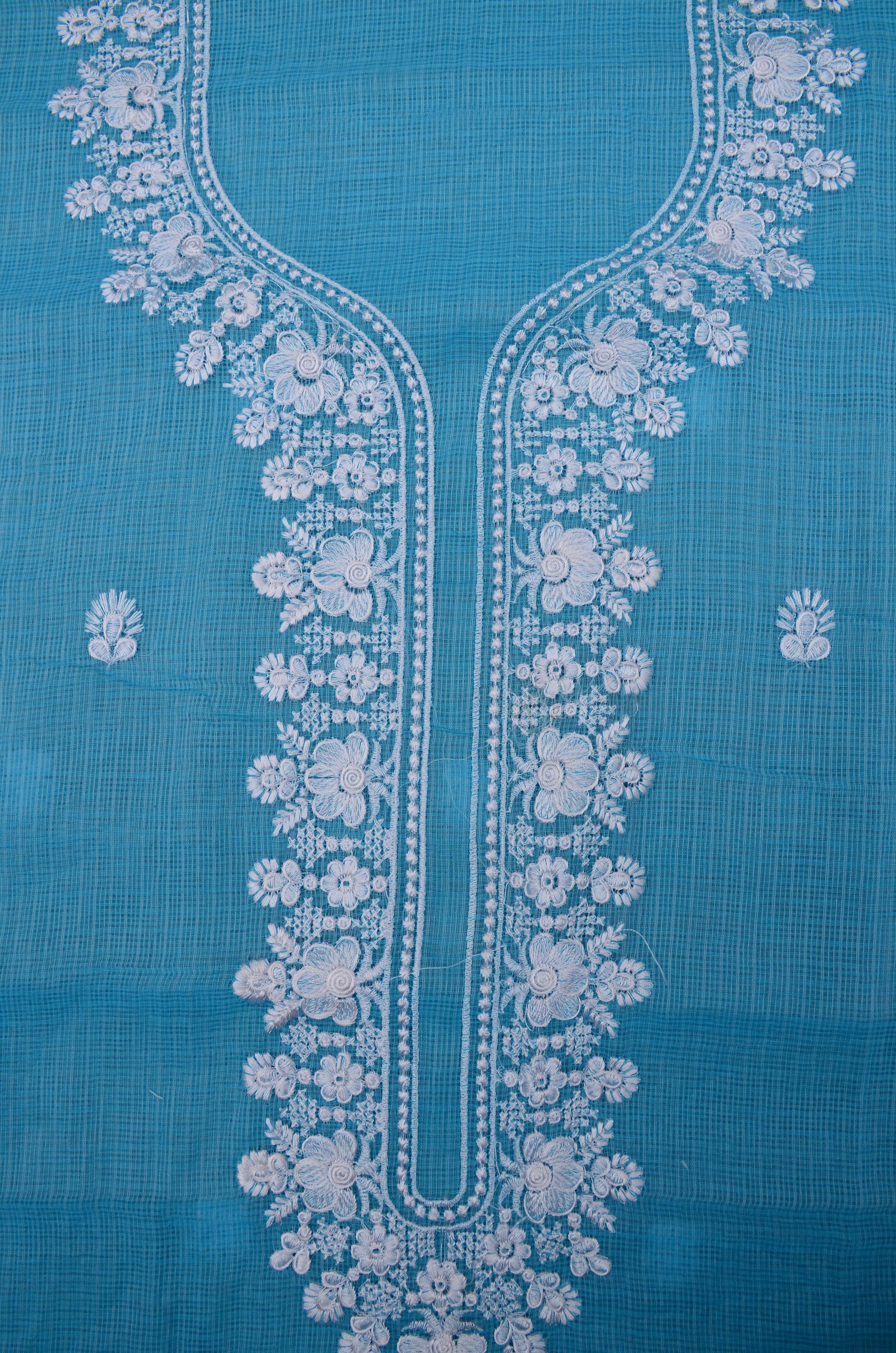 Blue Embroided Work Kota Doria Suit Fabric With Dupatta