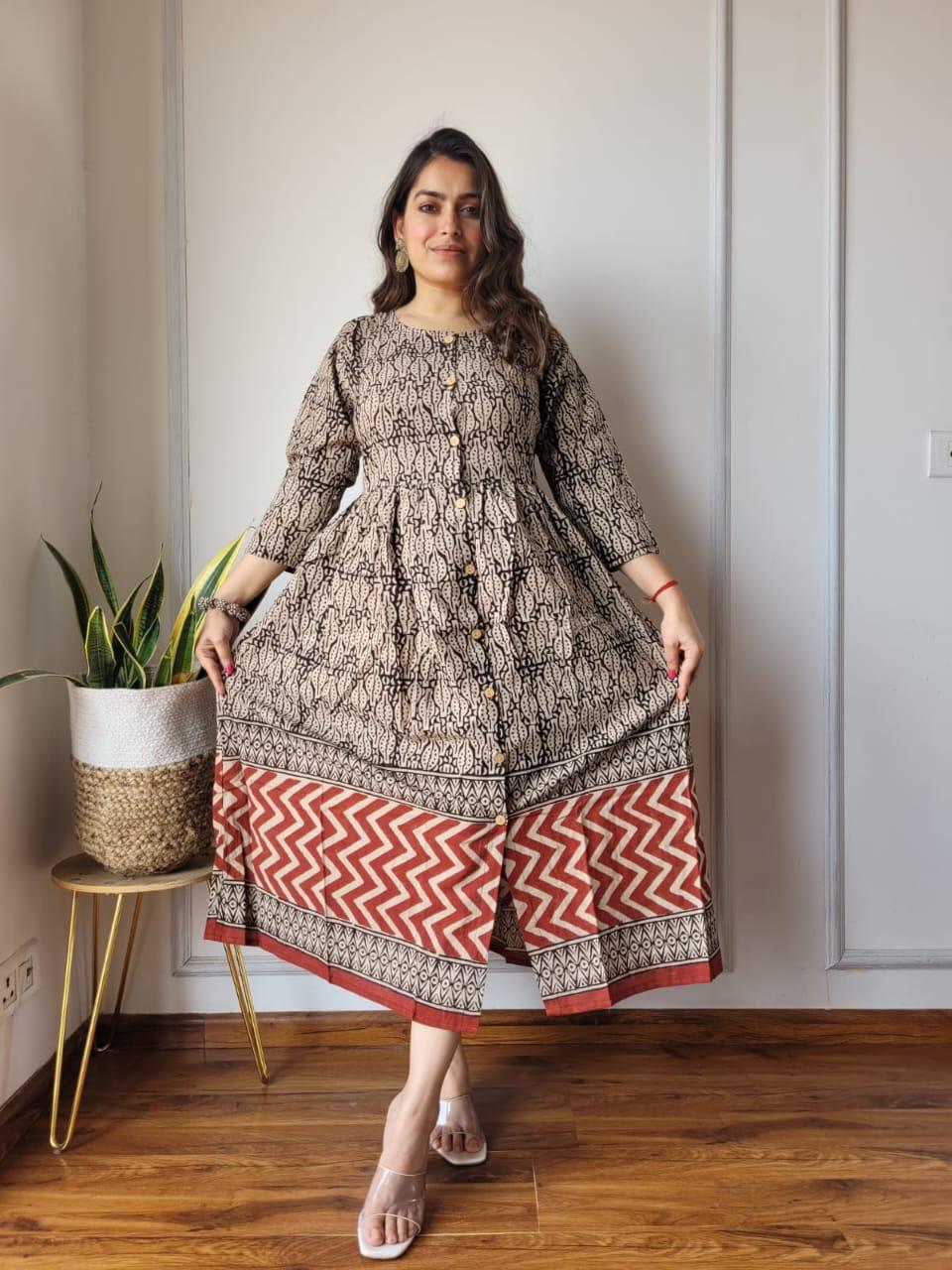 Pink Bagru Print Long Cotton Dress| Cotton Dresses| Jhakhas Pink Bagru Print Long Cotton Dress| Cotton Dresses| Jhakhas