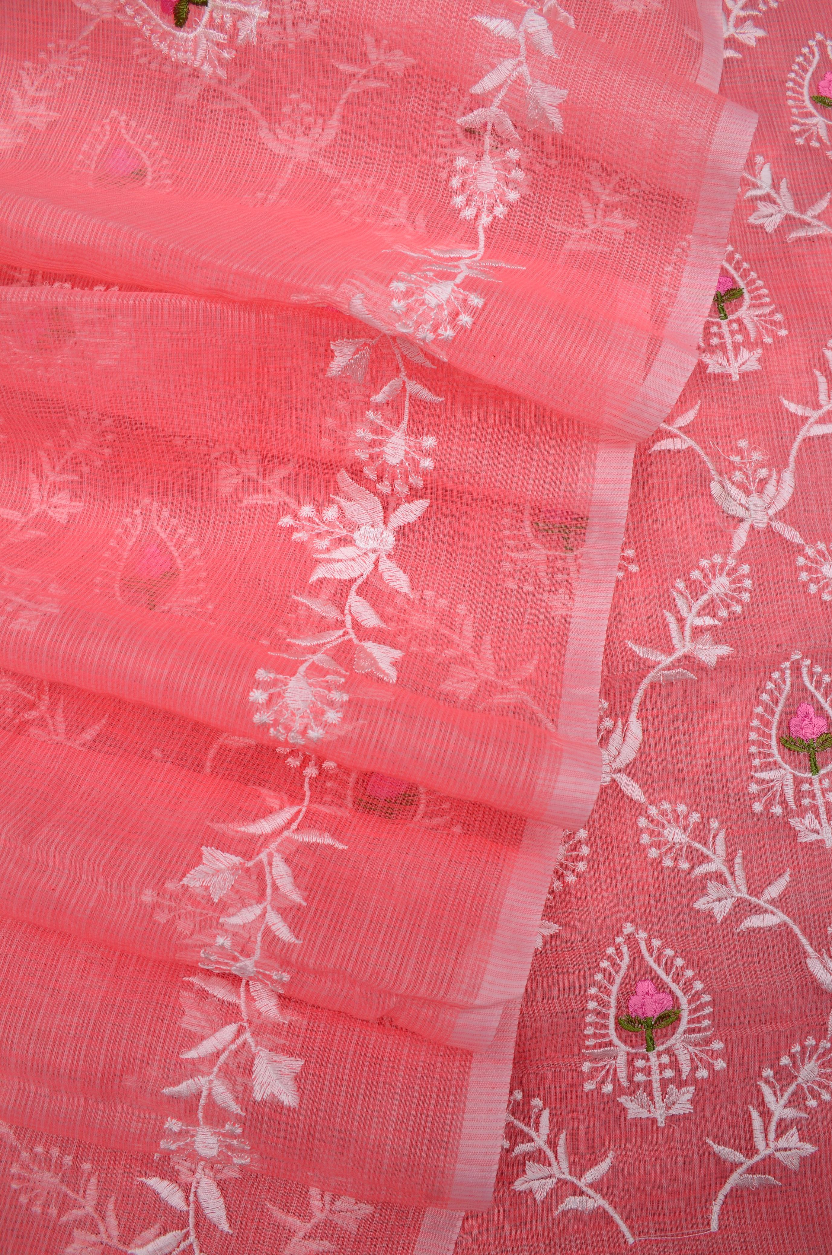 Pink  Embroided Kota Doria Suit Fabric With Dupatta