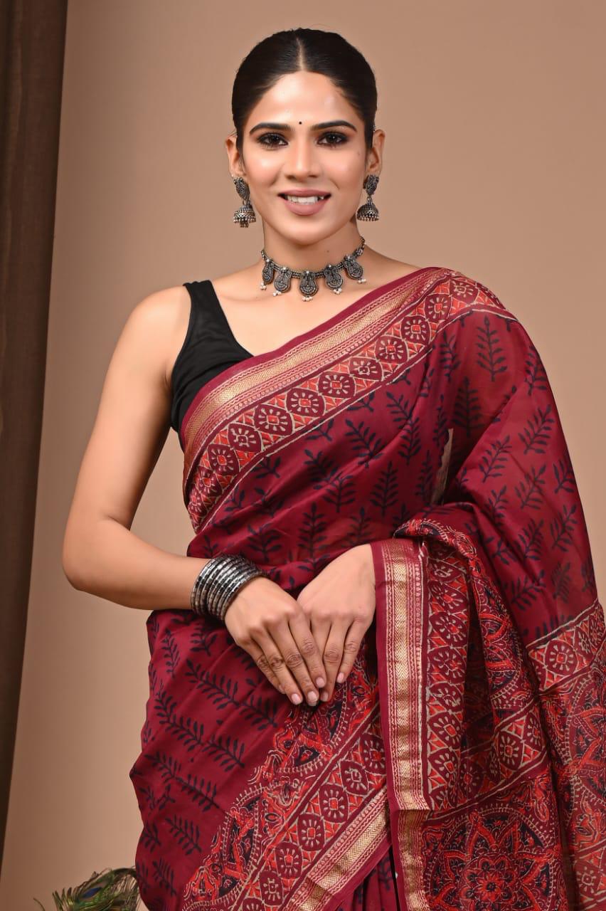 Maroon Maheshwari Silk Bagru Hand Block Print Saree