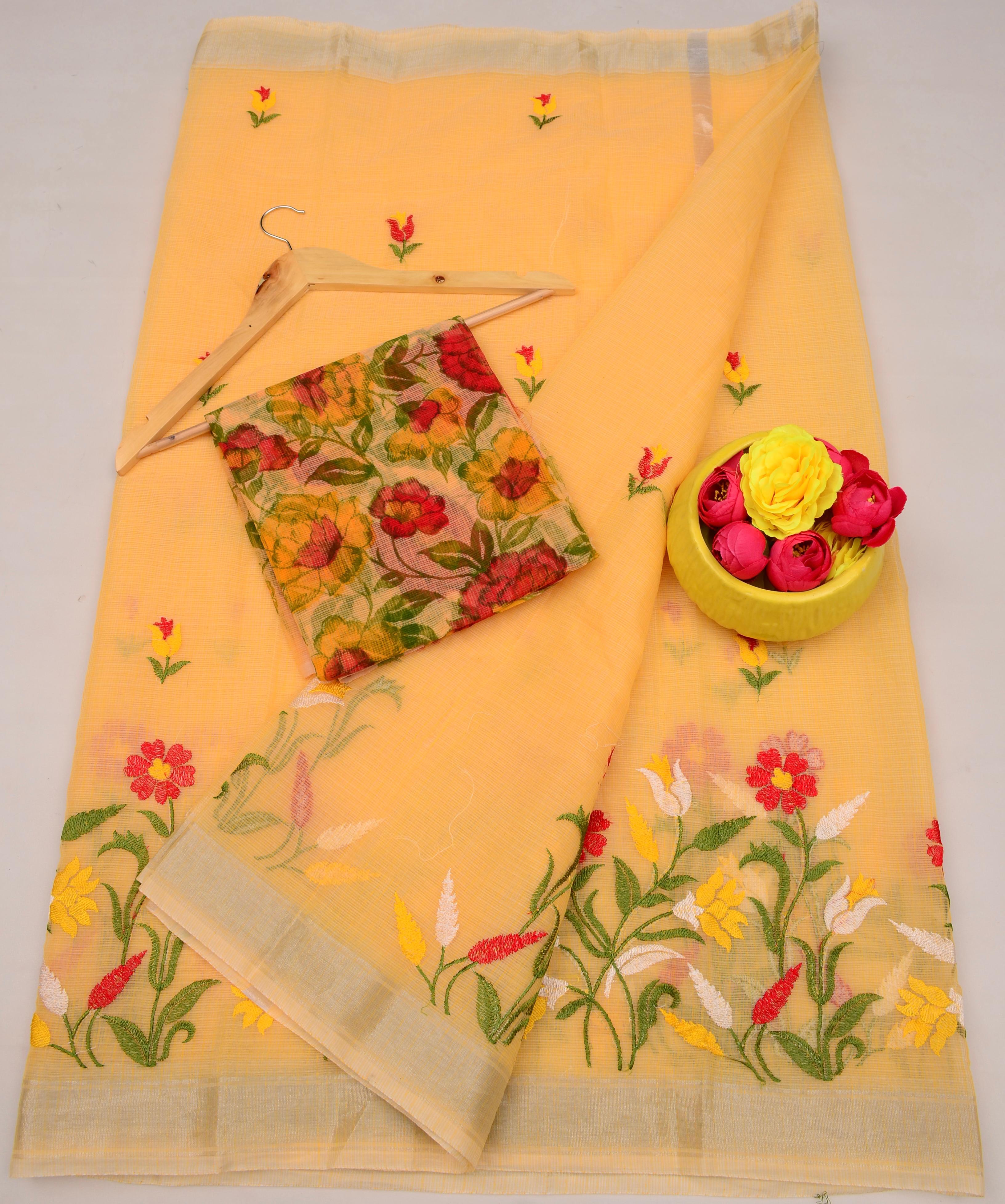 Yellow Kota Doria Embroidery Work Saree