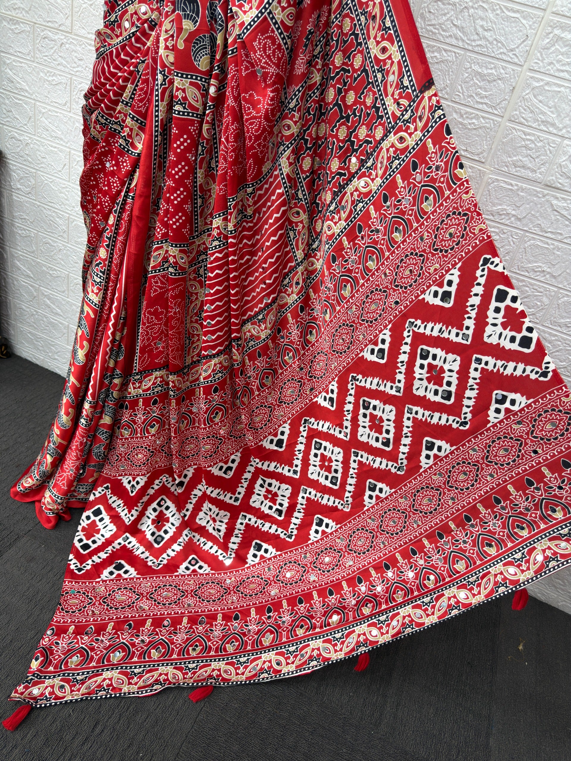Red Ajrakh Print Mirror Work Satin Silk Saree
