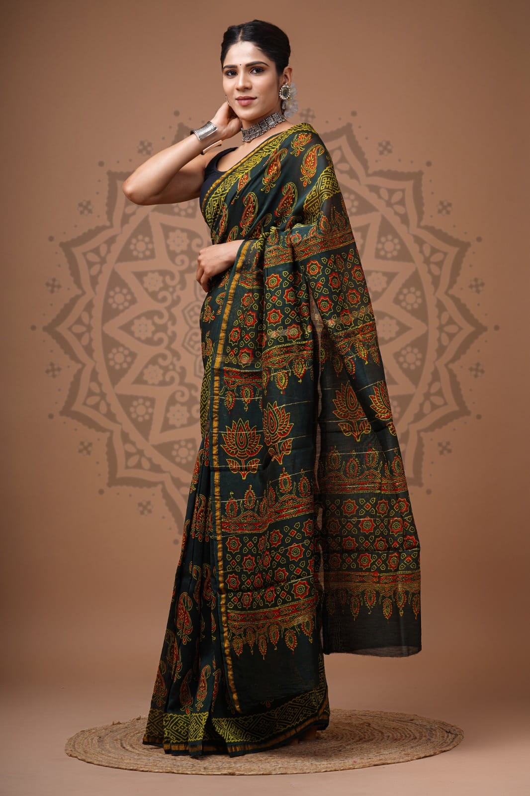 Dark Green Maheshwari Bagru Print Saree