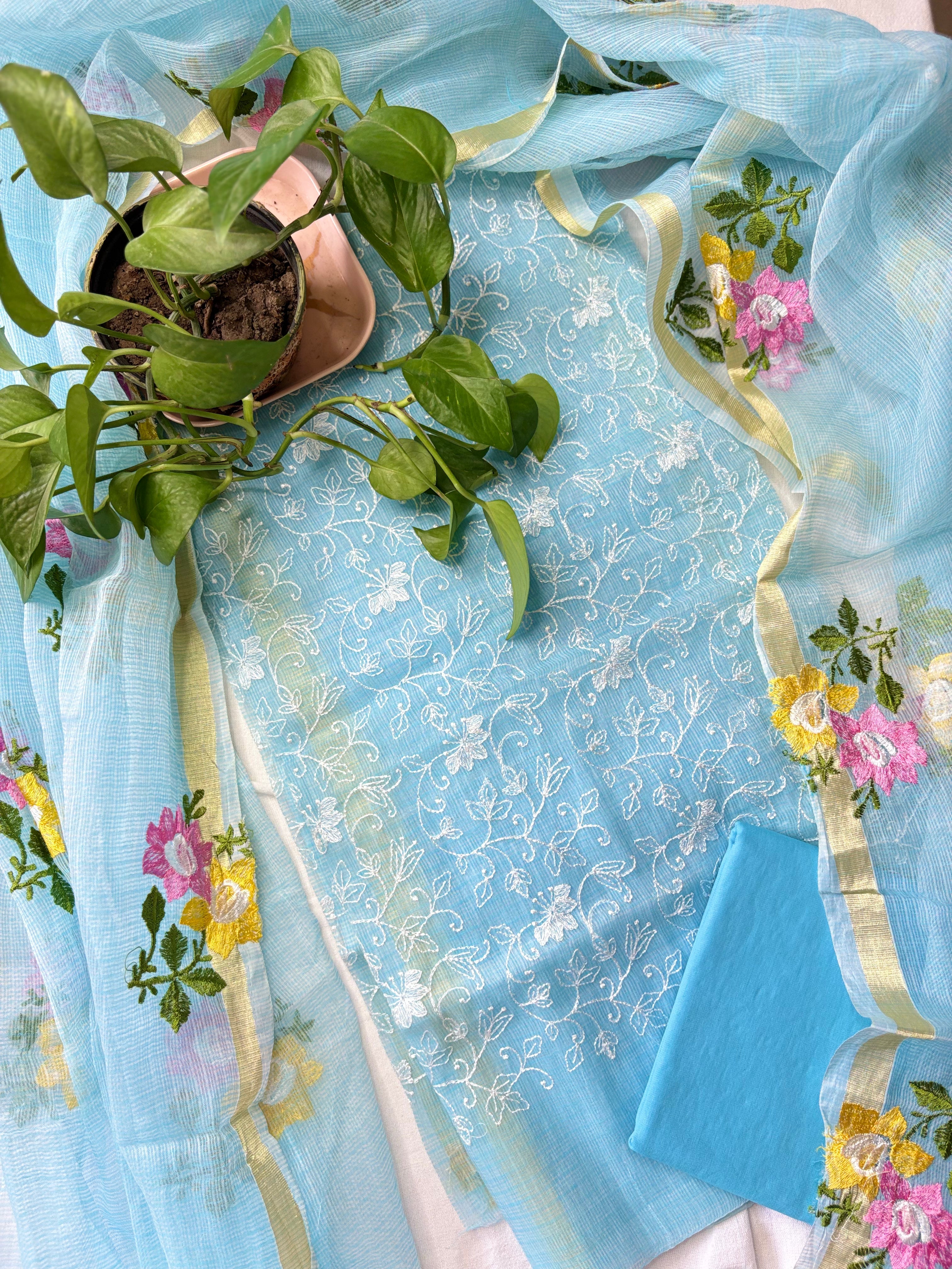 Kamini- Kota Doria Embroidered Suit Set In Blue