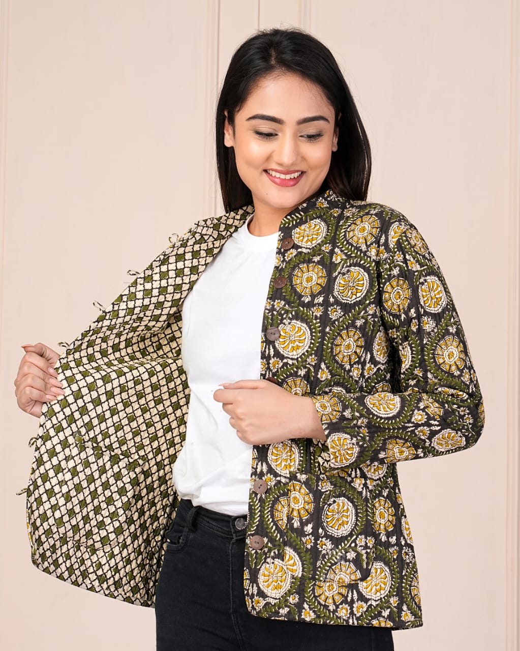 Beautiful Green Pure Cotton Quilted Reversible Print Jackets