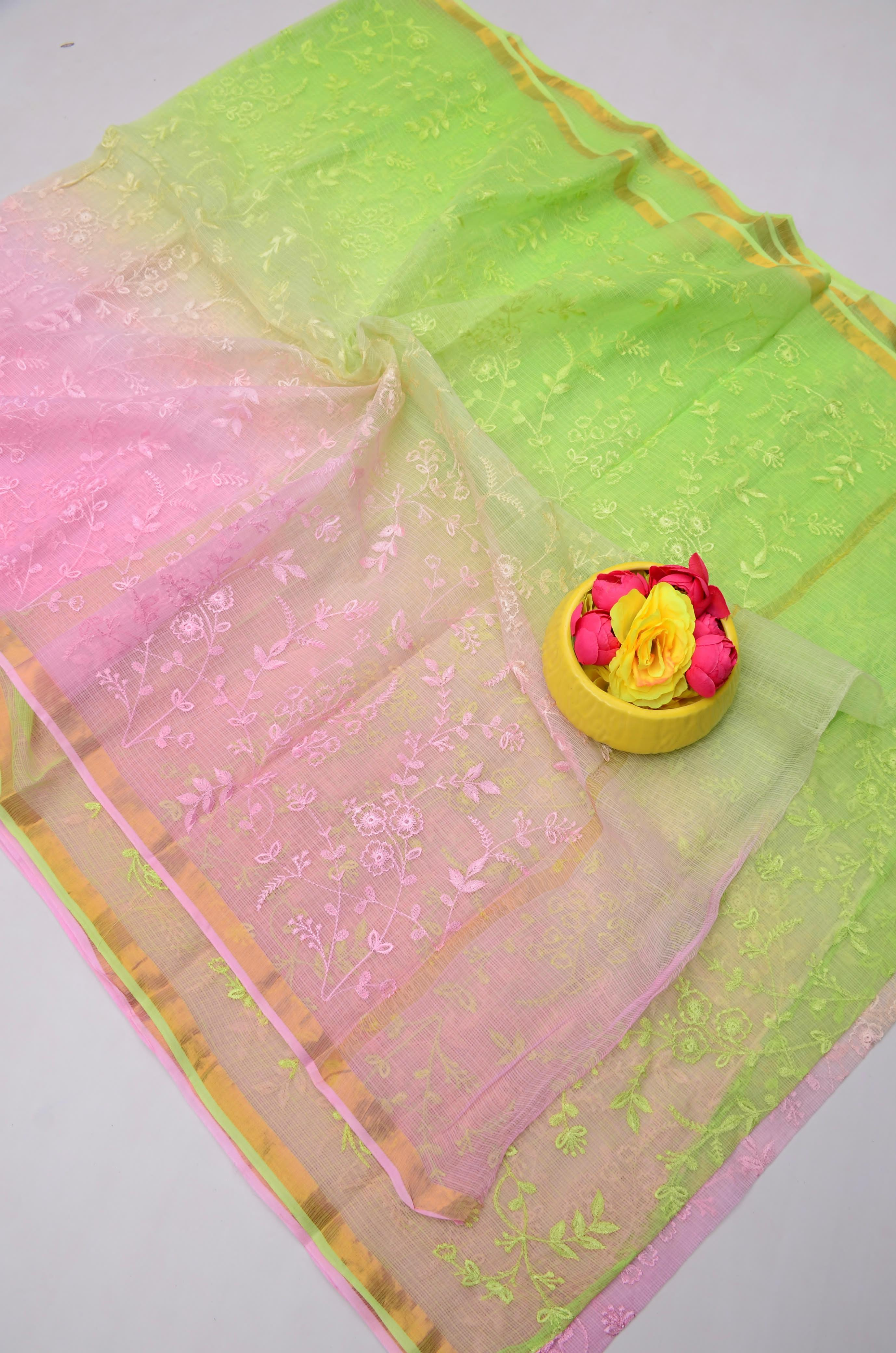 Green & Pink Kota Doria Embroidery Work Saree