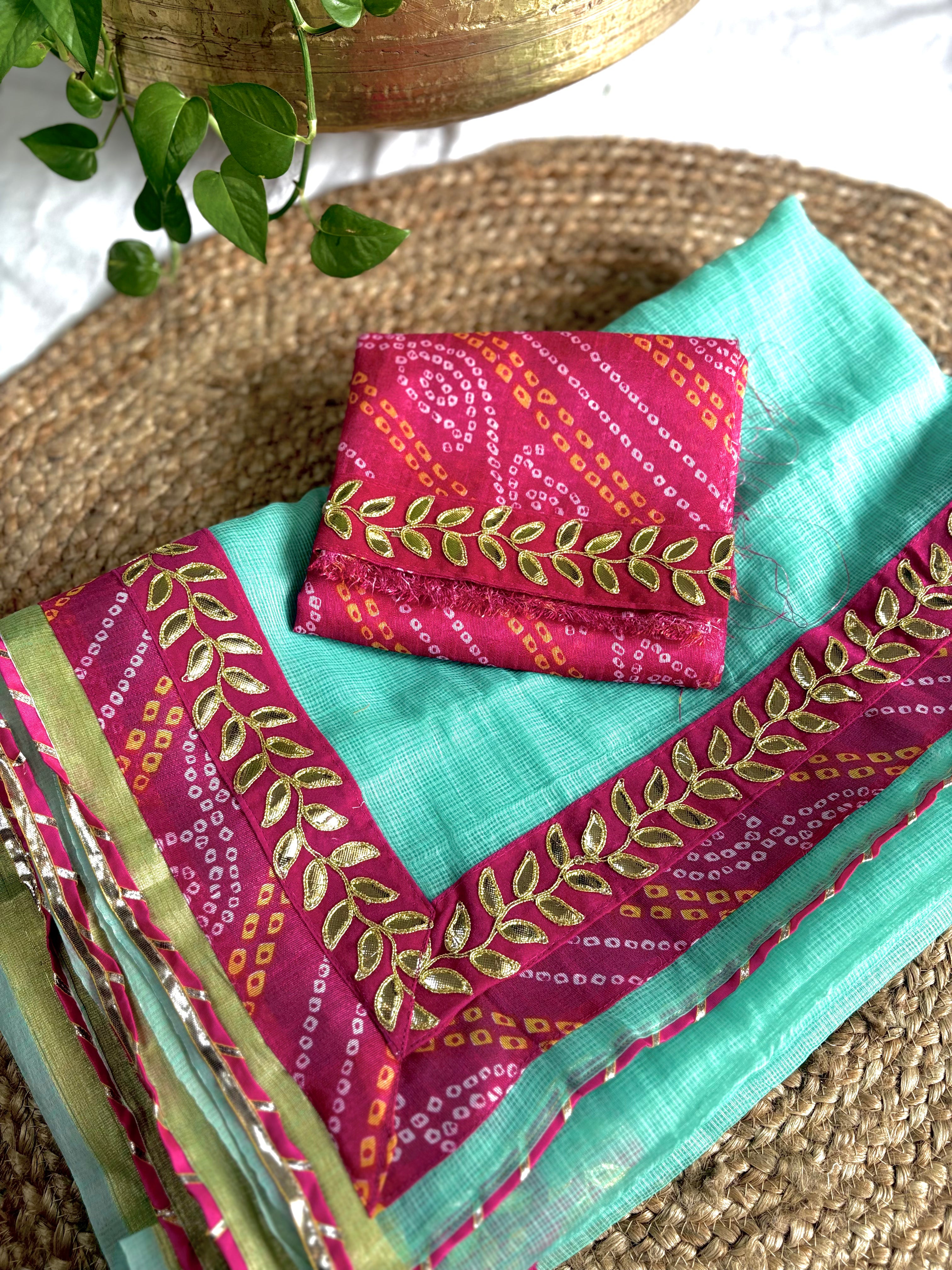 Sea Green Kota Doria Gota Patti Saree