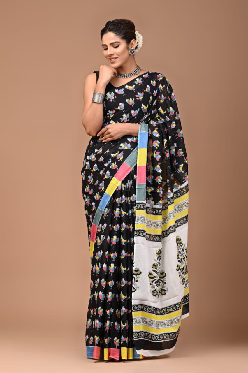 Black Multicolor Fun Hand Block Print MulMul Cotton Saree