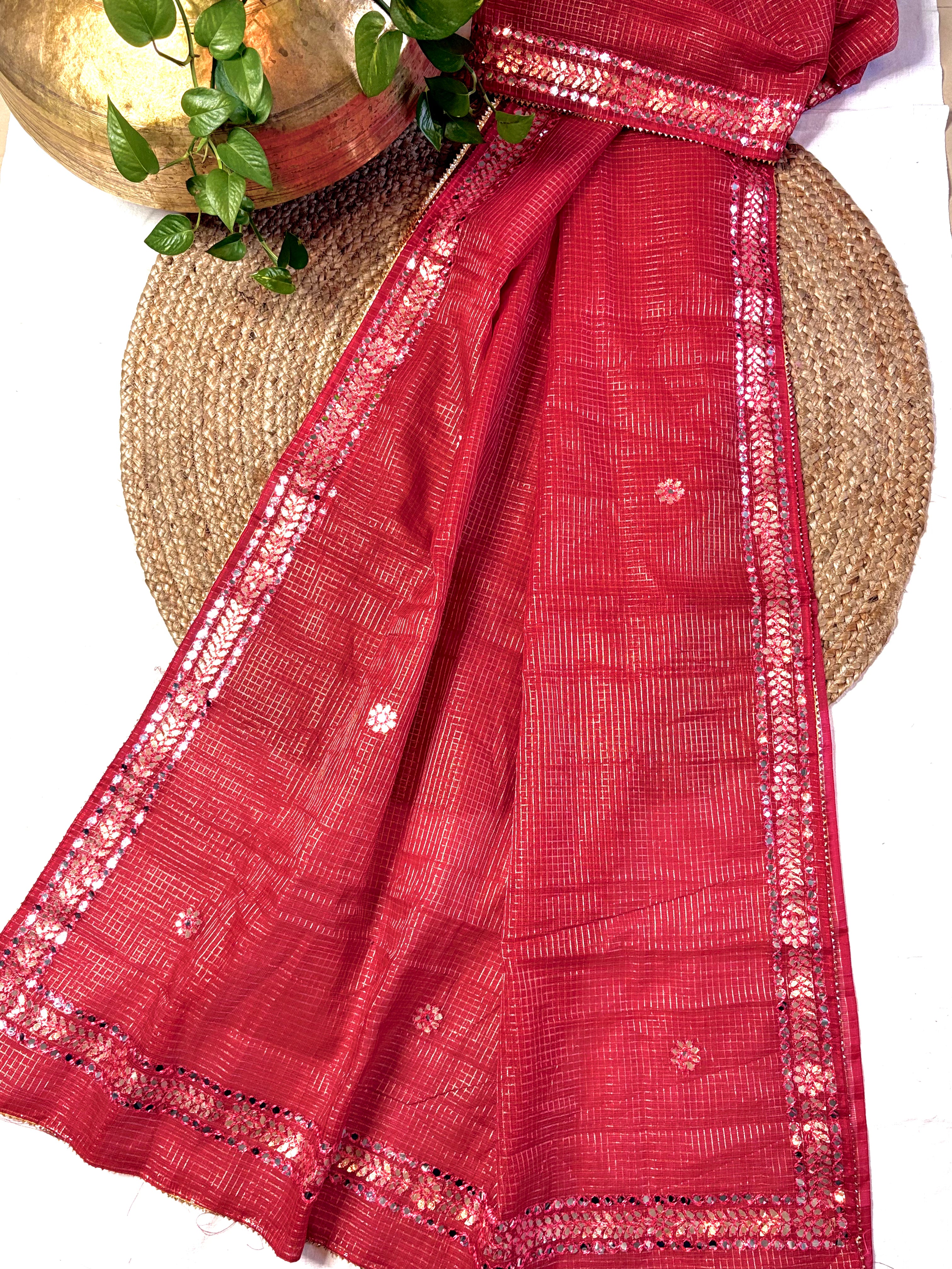 Leheriya Red Kota Doria Gota Patti Saree