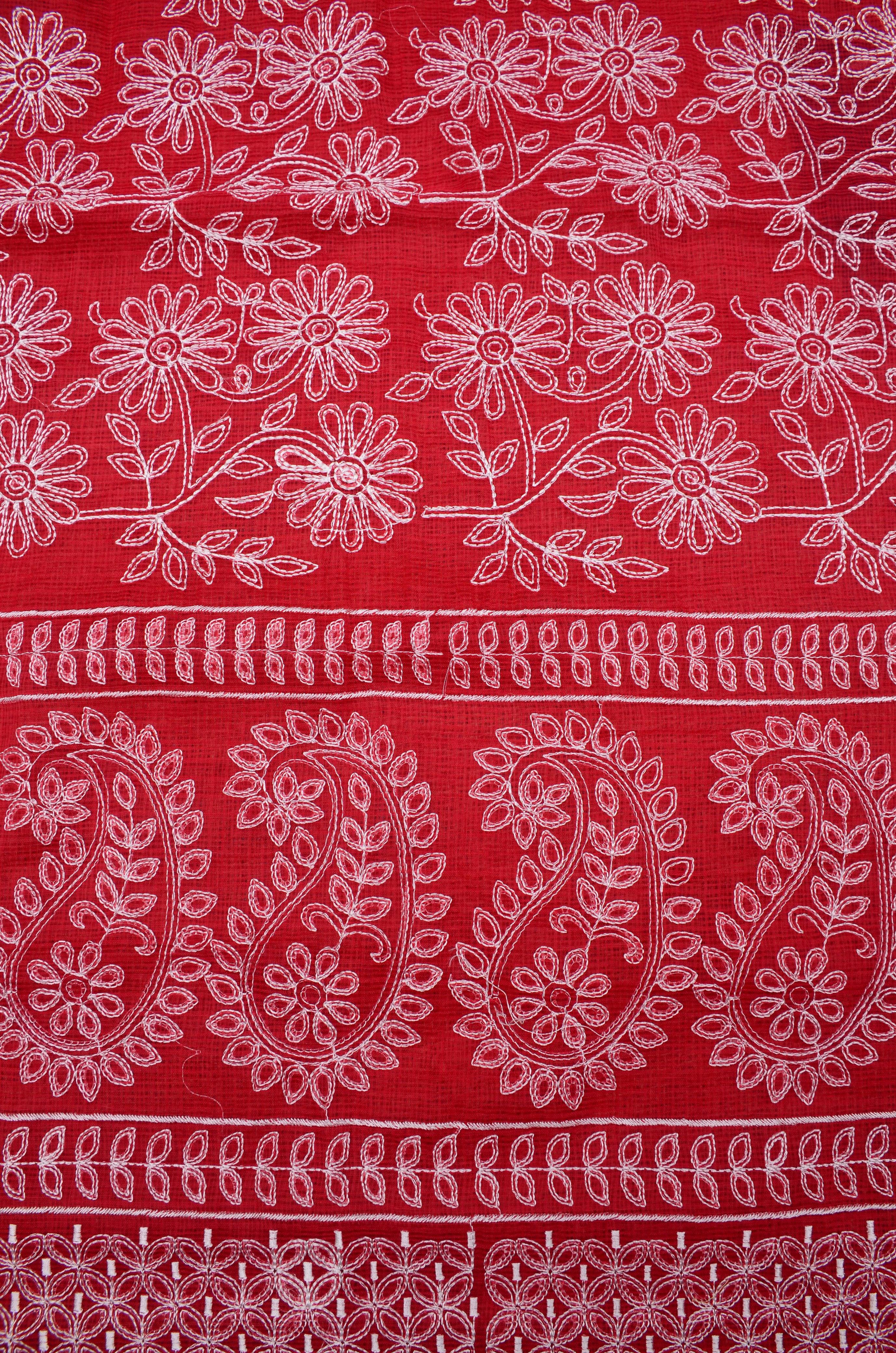 Red Embroided Kota Doria Cotton Suit Fabric With Dupatta