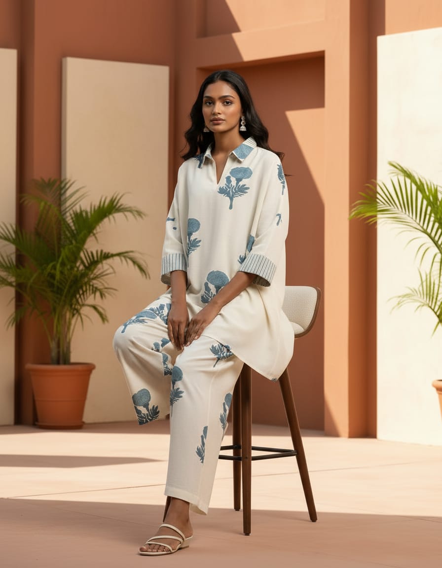 Summer Off White Printed Kurti-Pant Set