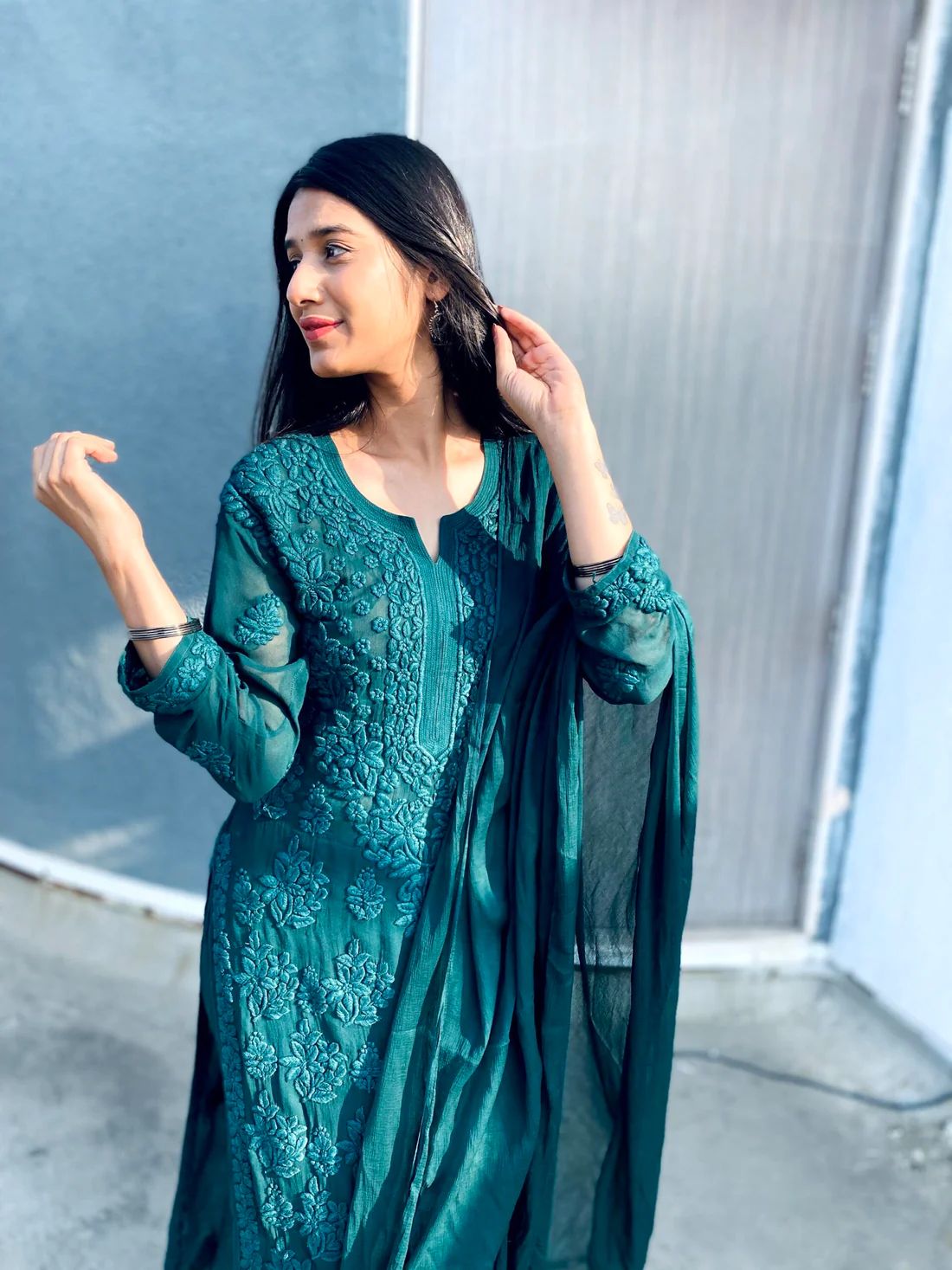 Green Viscose Georgette Chikankari Embroidery work kurti (only kurti)