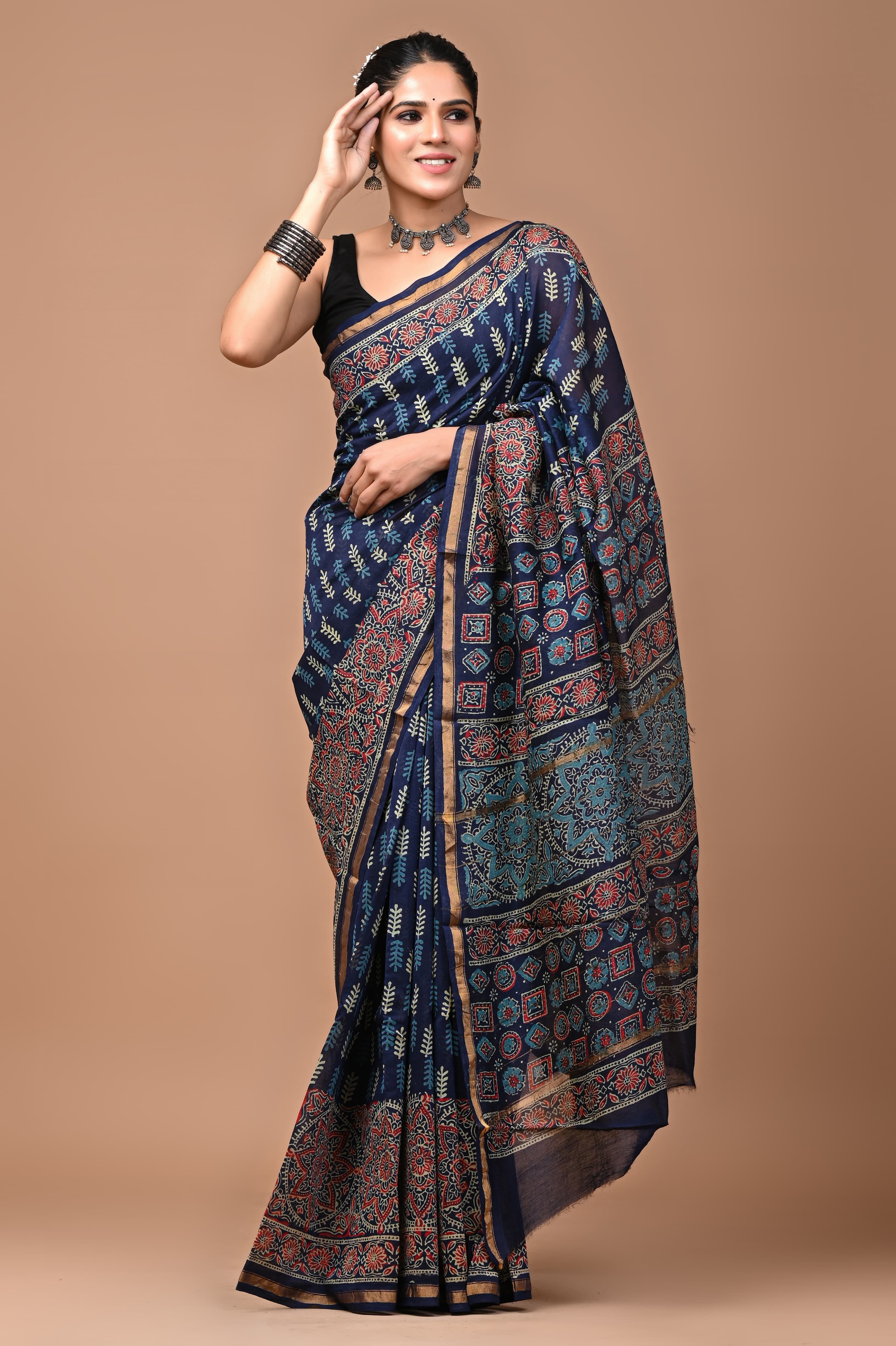 Blue Maheshwari Block Print Saree