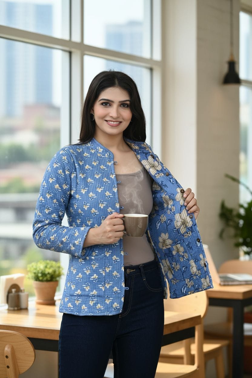 Beautiful Blue Pure Cotton Quilted Reversible Print Jackets