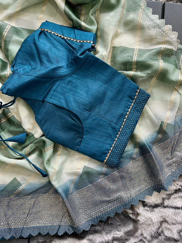 Pista Green Organza Soft Silk Saree With Stitched Blouse