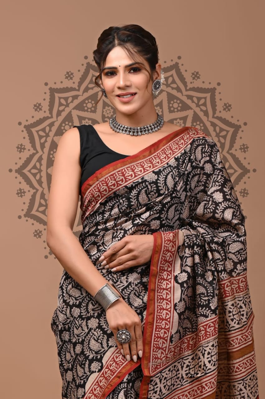 Black Maheshwari Bagru Block Print Saree