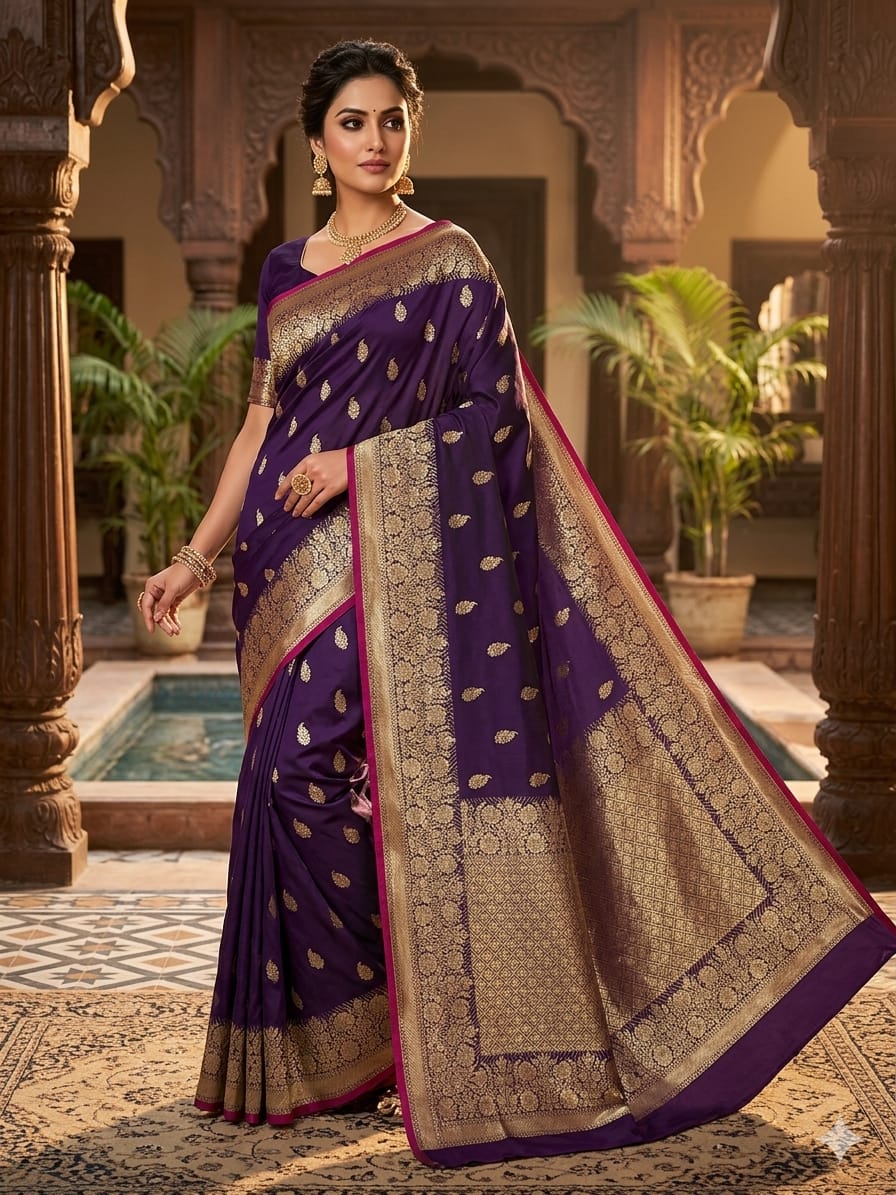 Banarasi Handloom Semi Kathan  Saree In Royal Purple