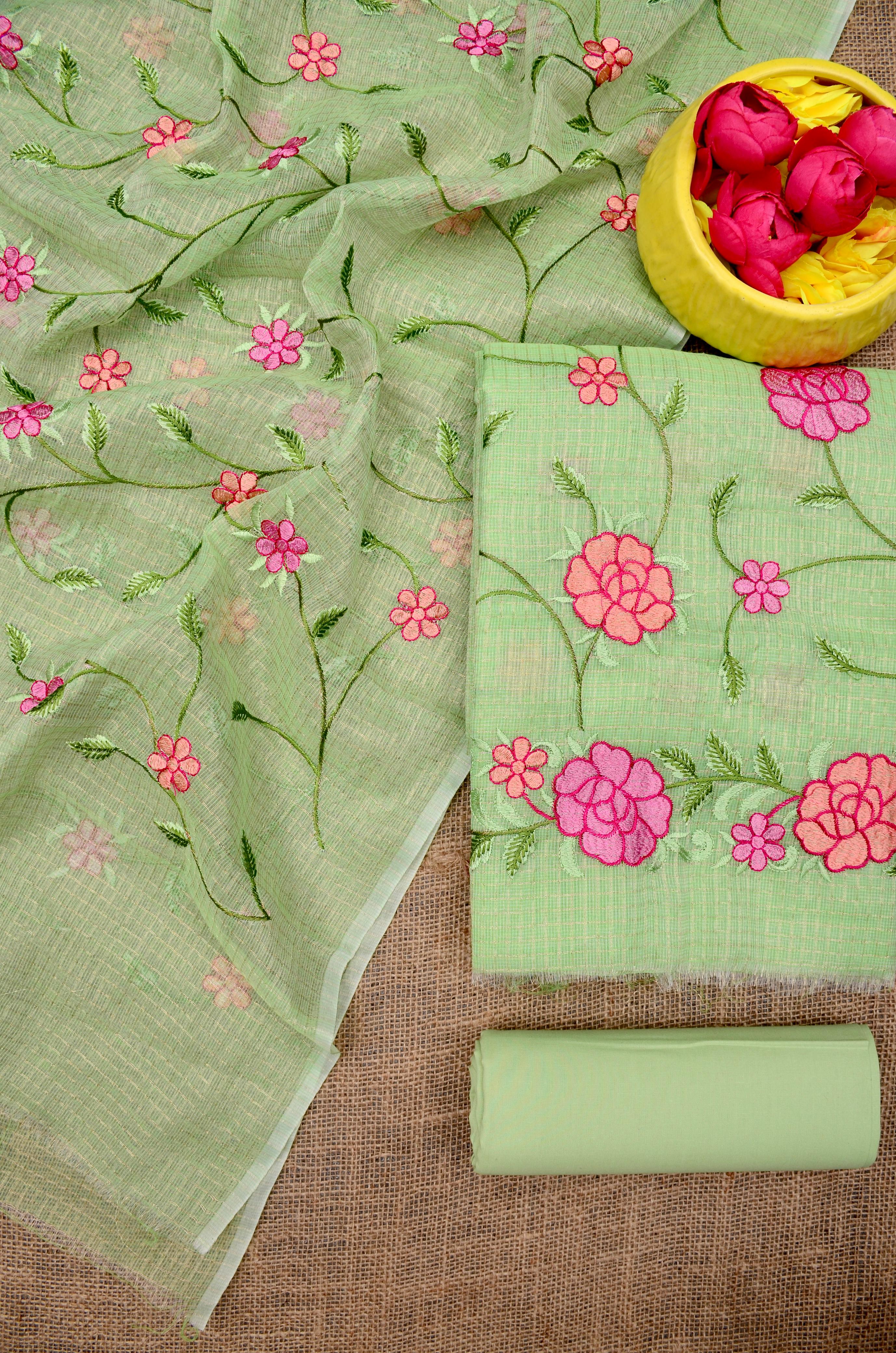 Kota Doria Embroidered Suit Set In Green (unstitched)
