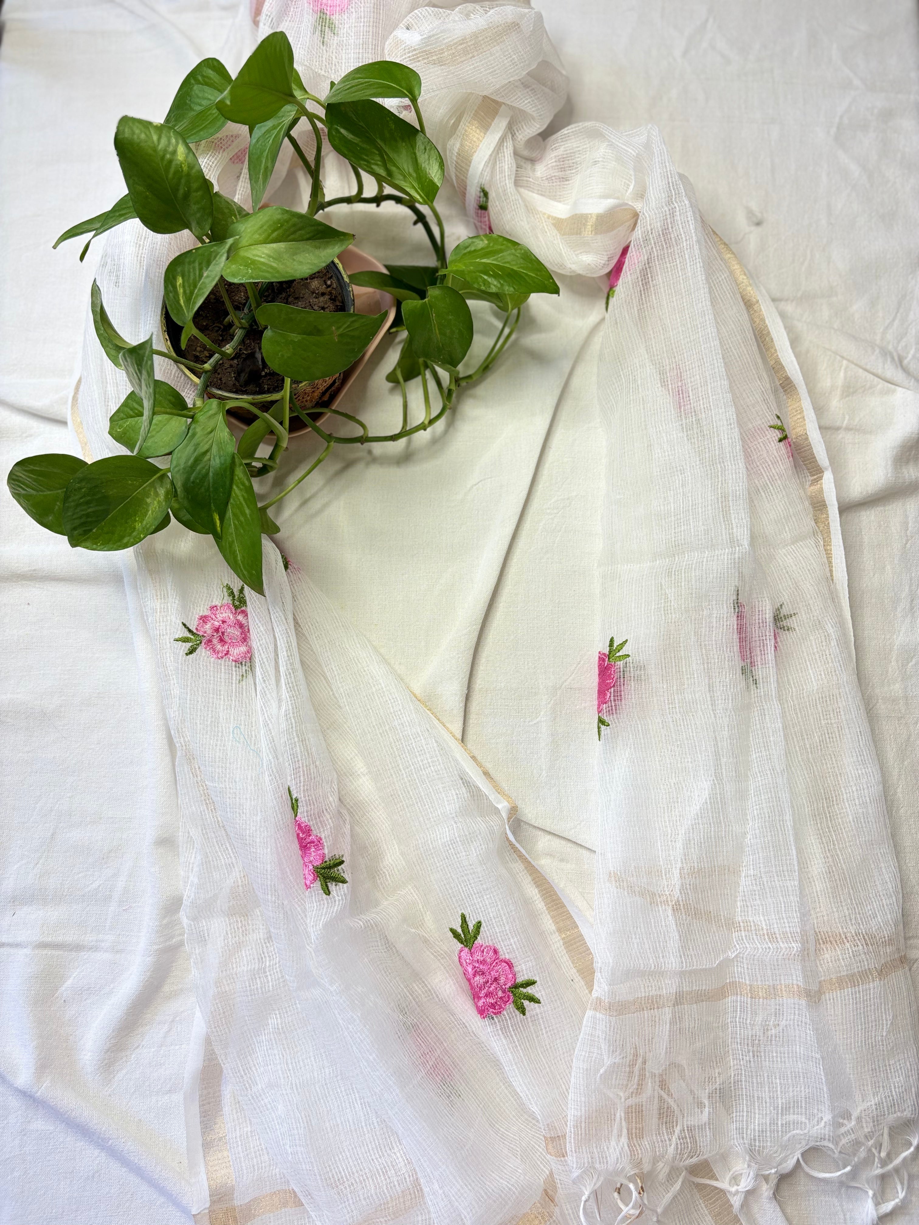 Kota Doriya Embroidery Work Suit In white Colour with pink dotted touch