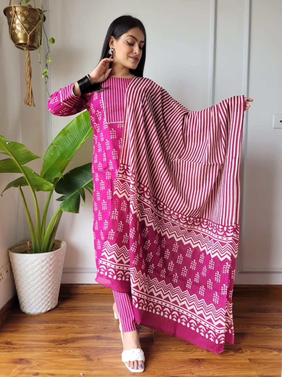 Pink Block Print Suit Set With Dupatta