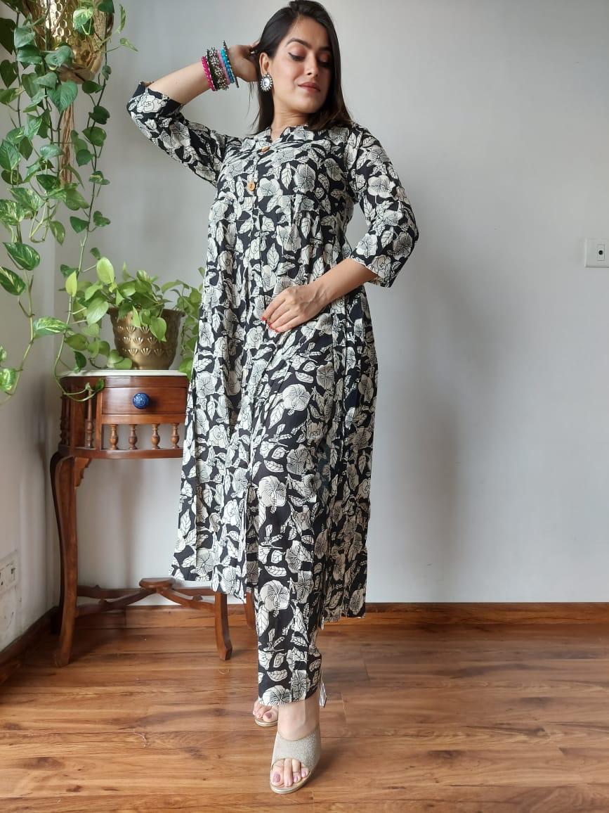 Dark Grey Floral Bagru print Naira Cut Suit Set