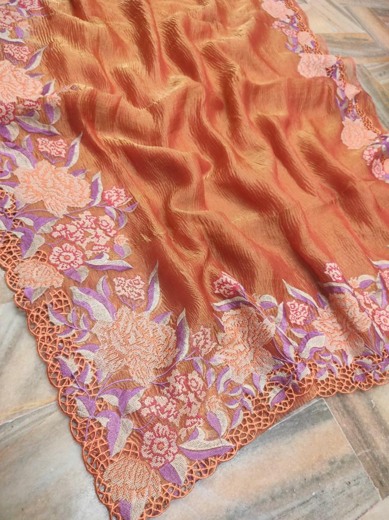Rust Orange Banarasi Crush Tissue Saree