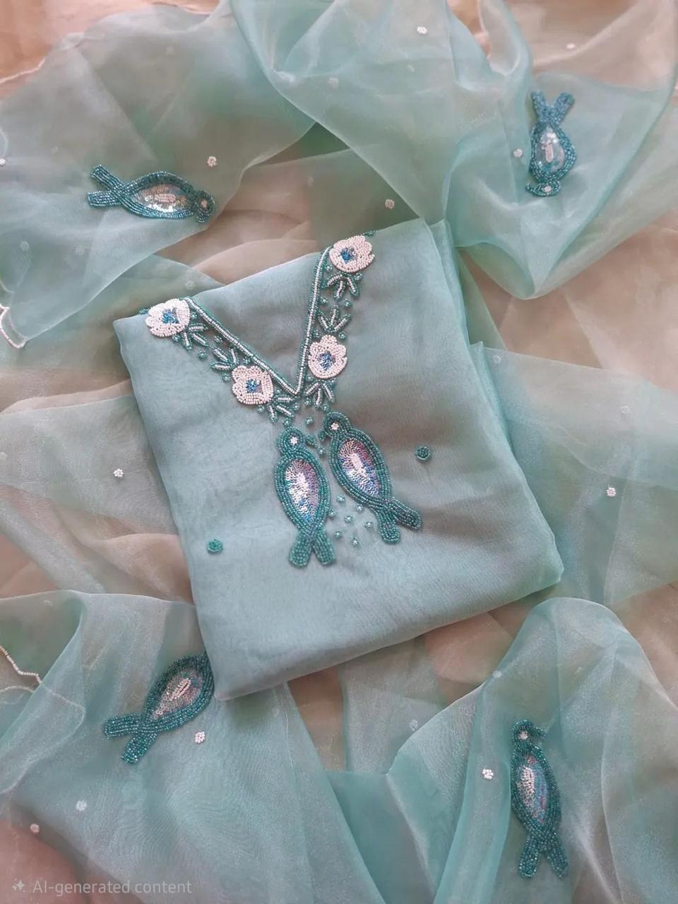 Pastel Blue Organza Suit With Beautiful Pearl Neck Work