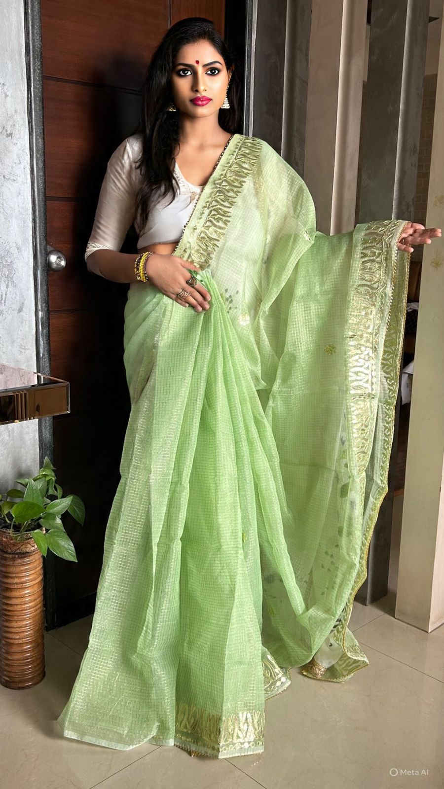 Anoli- Pista Green Kota Doria Gota Patti Saree