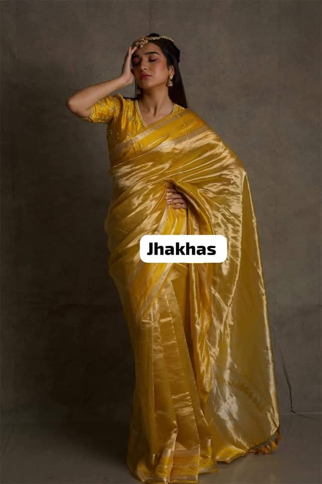 Yellow Shimmer Banarasi Handloom Tissue Zari Border Silk Saree