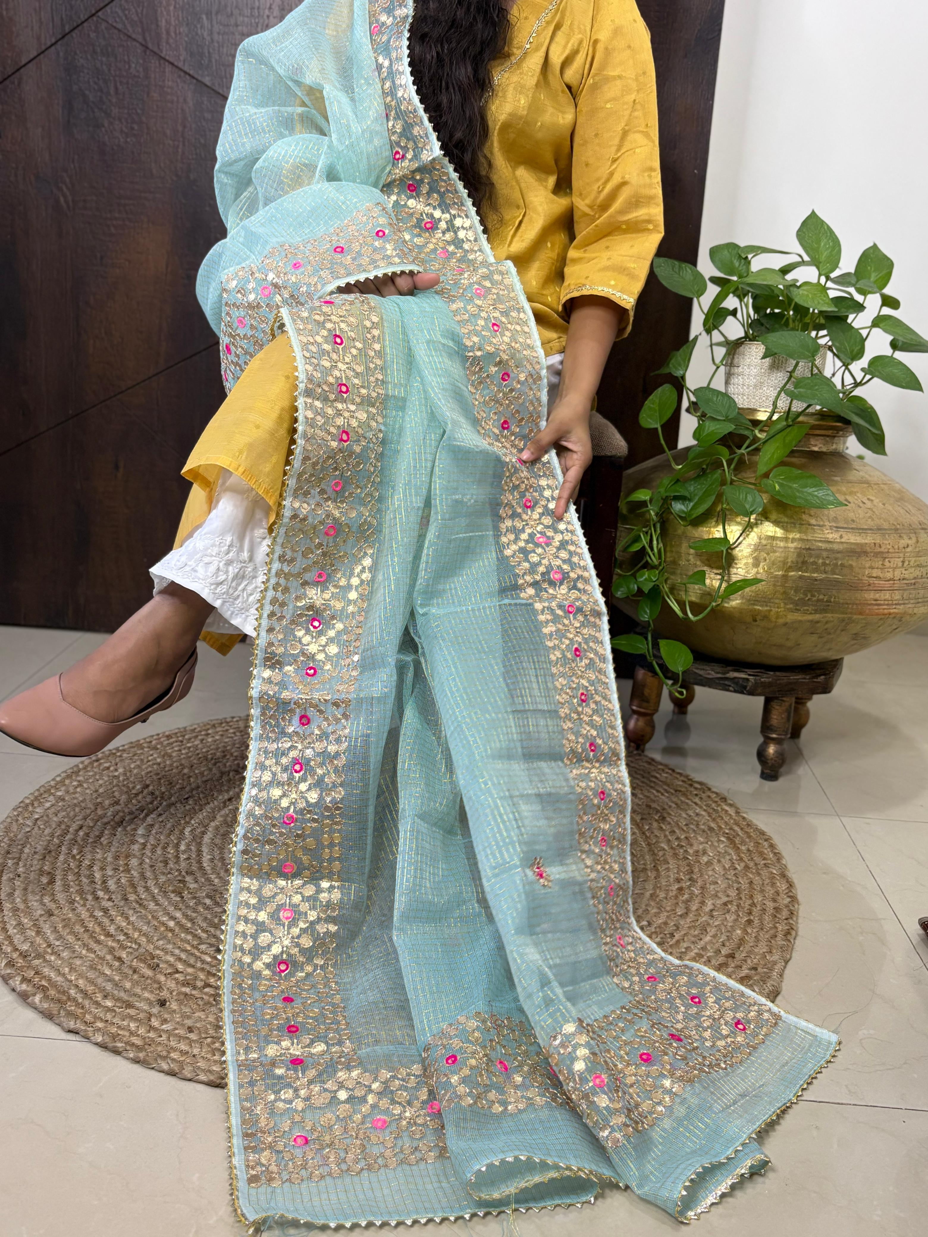Sky Blue Kota Doria Heavy Gota Patti Work Dupatta