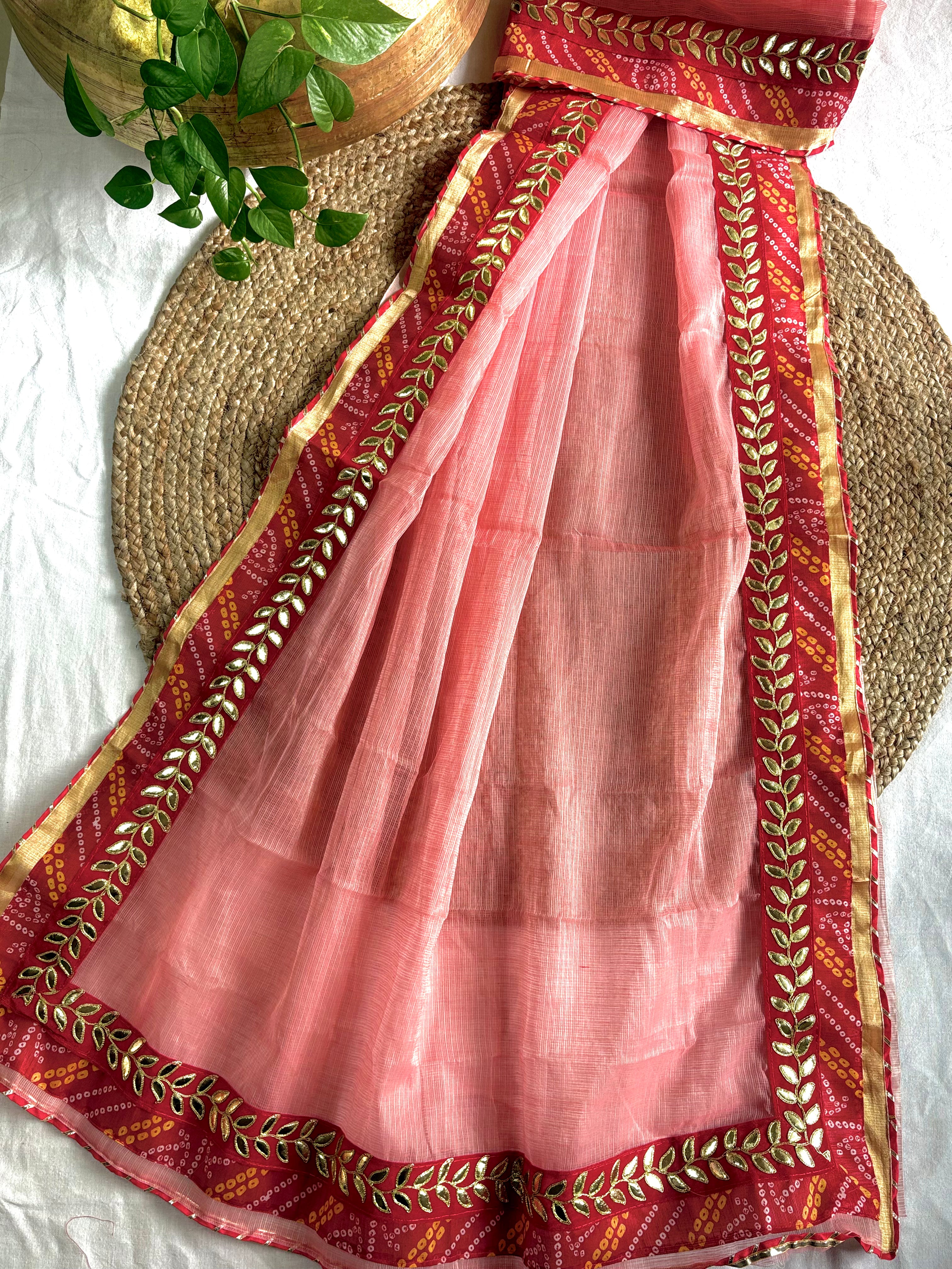 Reva Peach colour Kota Doria Gota Patti Saree