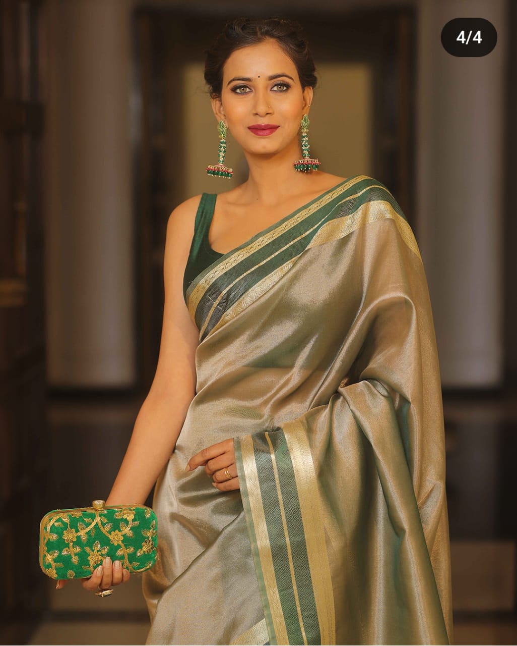 Green Shimmer Banarasi Handloom Tissue Zari Border Silk Saree