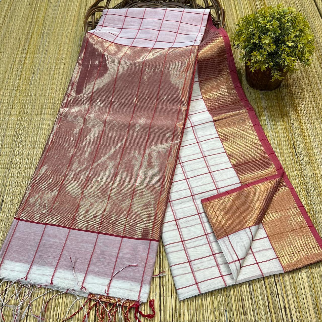 Maheshwari Silk Saree In White & Pink