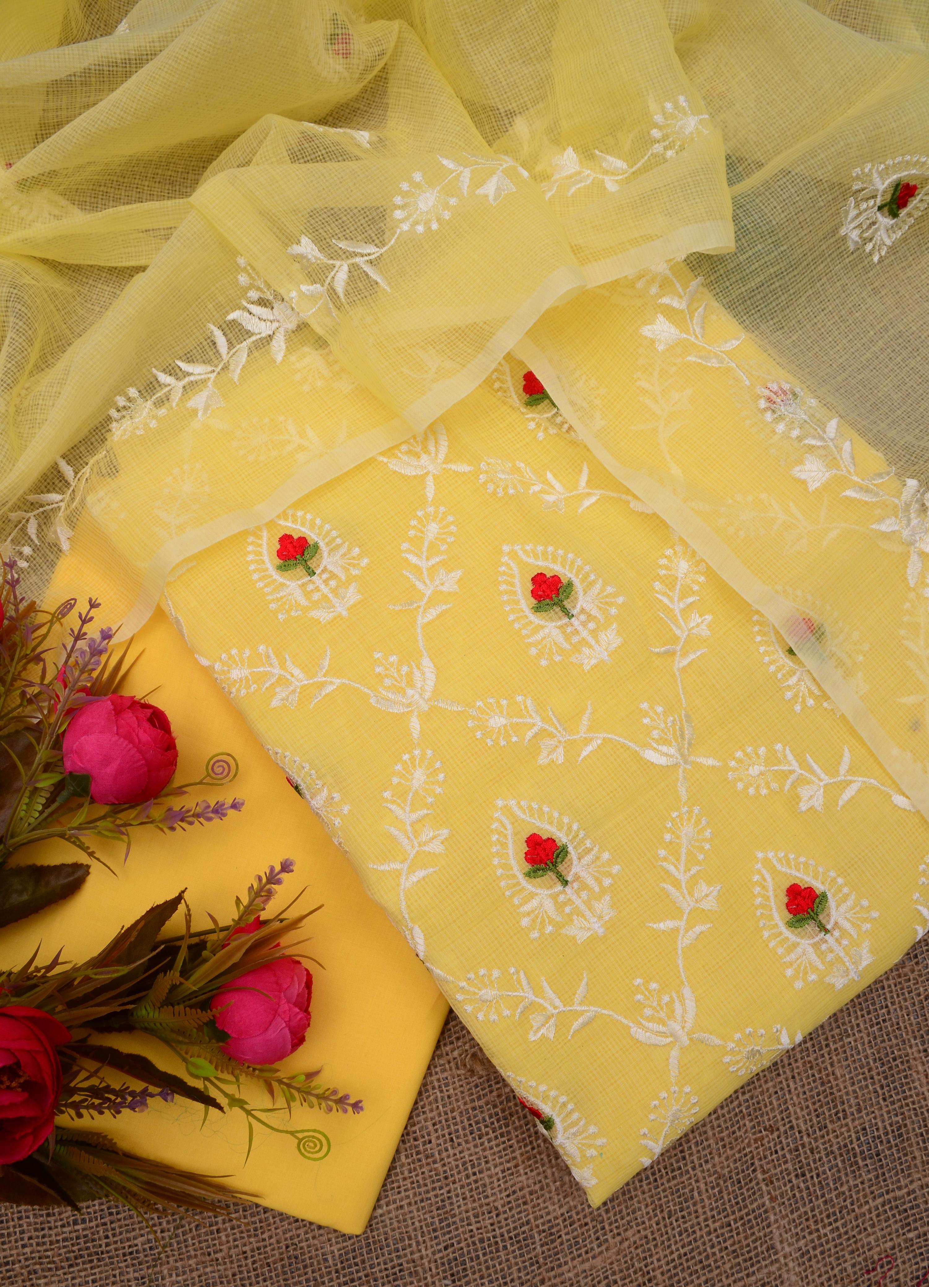 Yellow Embroided Kota Doria Suit Fabric With Dupatta