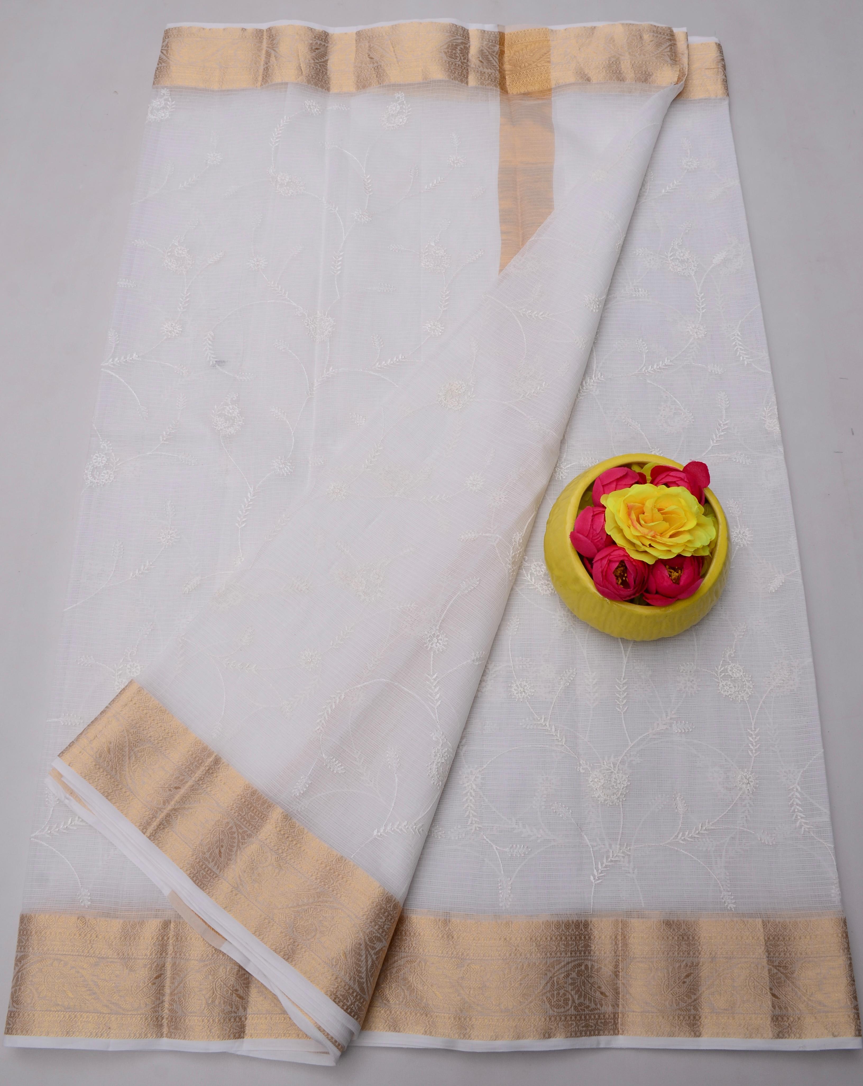 White Kota Doria All Over Embroidery Work Saree