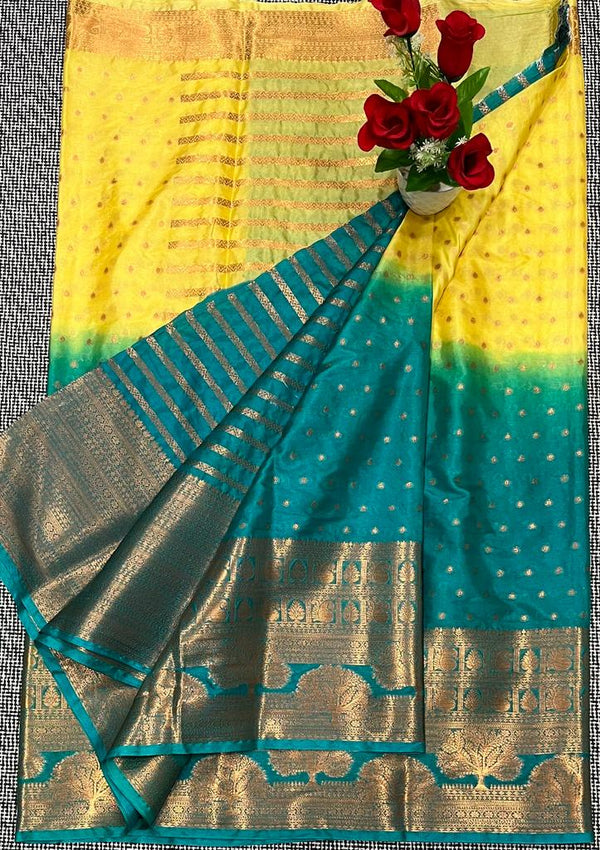 Blue Yellow Banarasi Semi Silk Saree