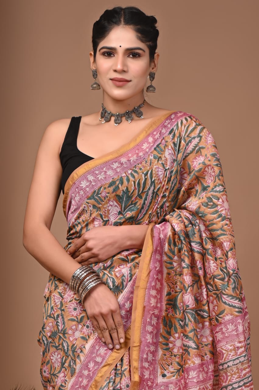 Pink Colour Chanderi Hand Block Printed  Saree
