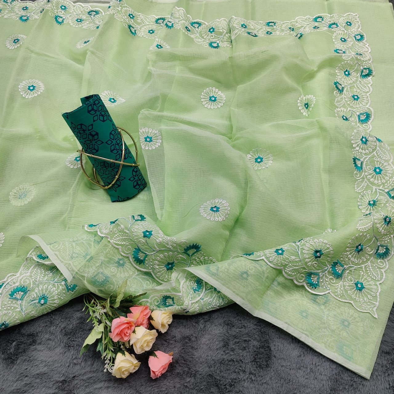 Rajlaxmi- Pastel Green Kota Doria Embroidery Work Sari