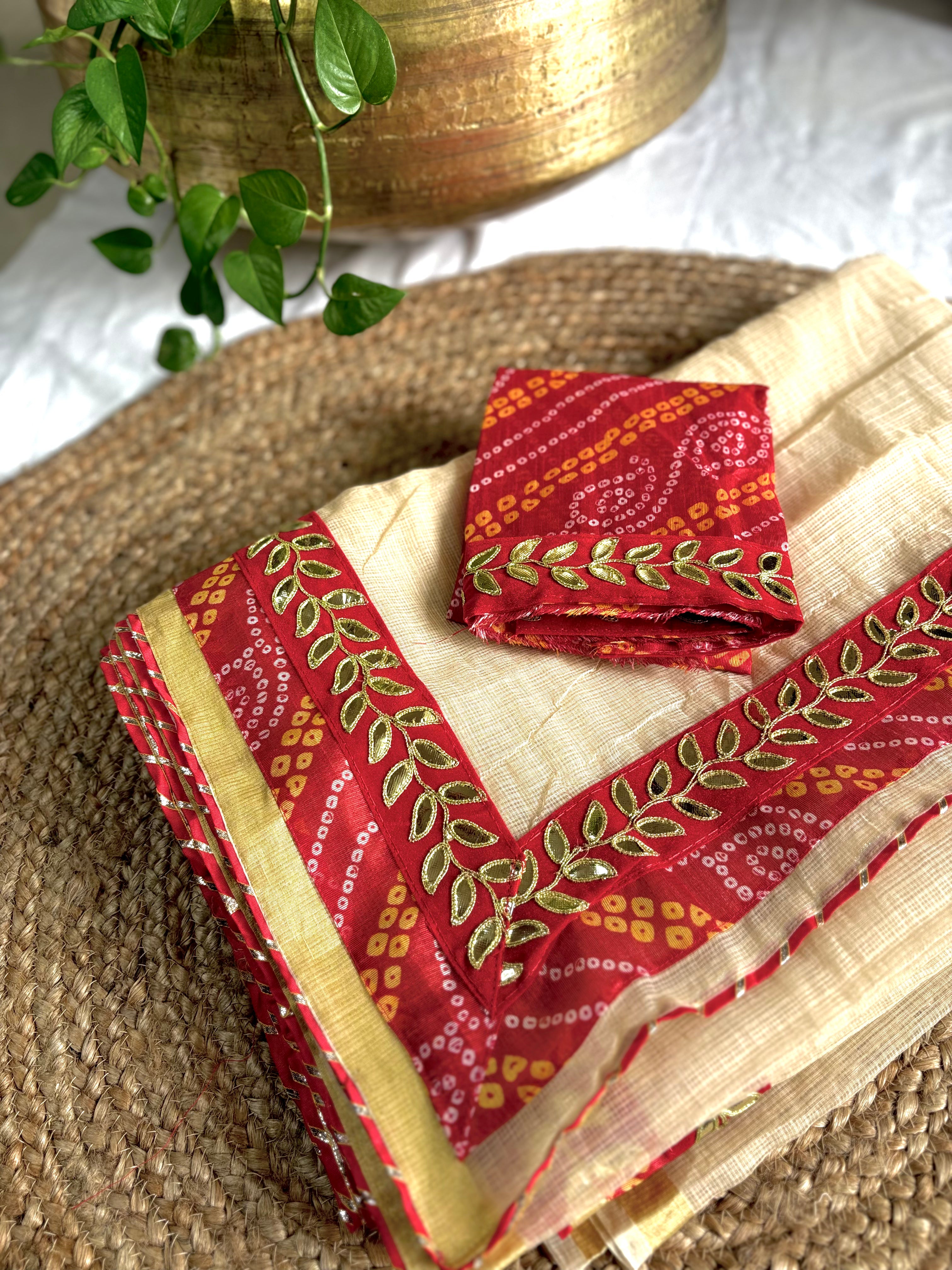 Beige colour Kota Doria Gota Patti Saree