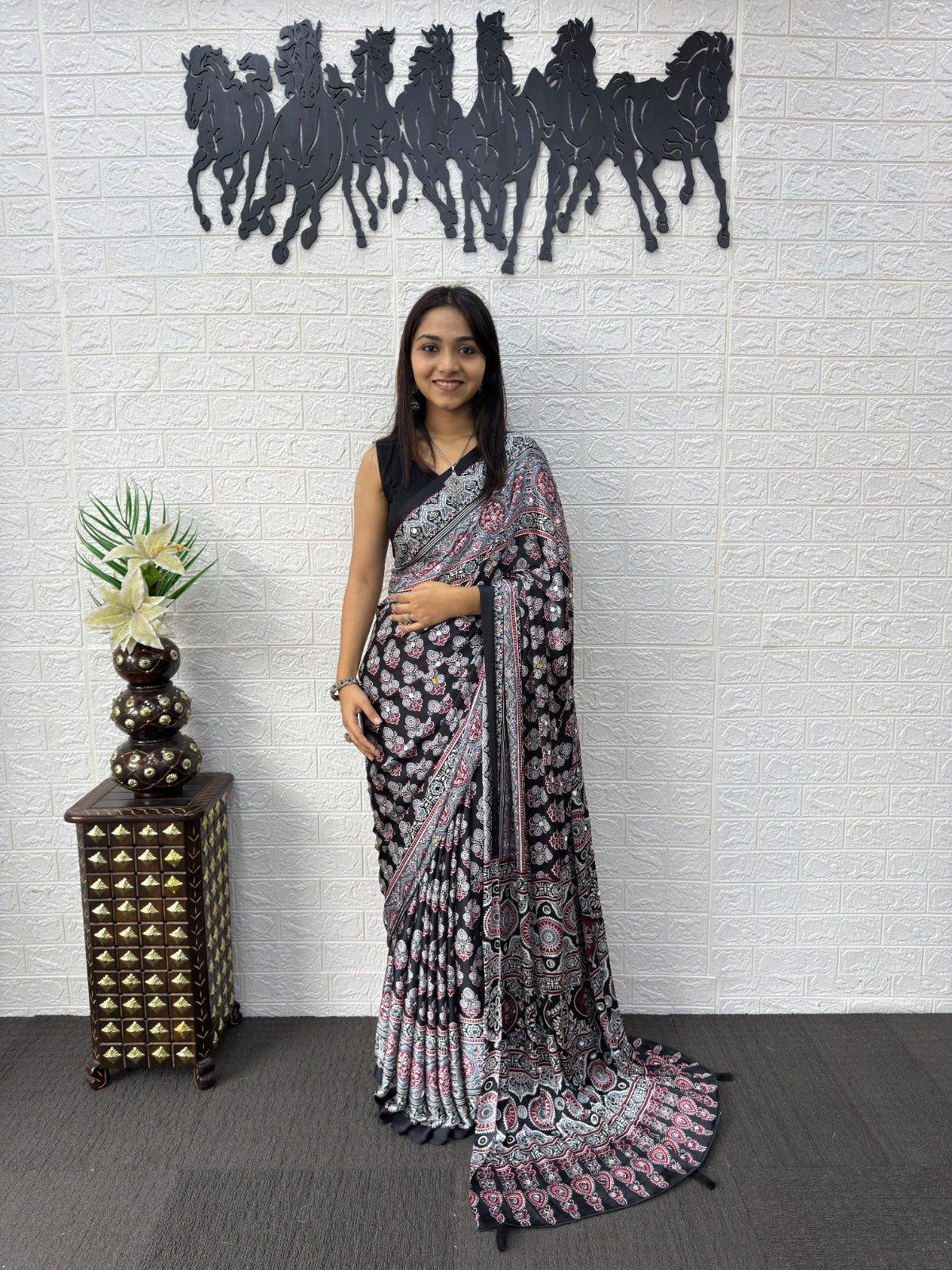 Black Ajrakh Print Mirror Work Satin Silk Saree