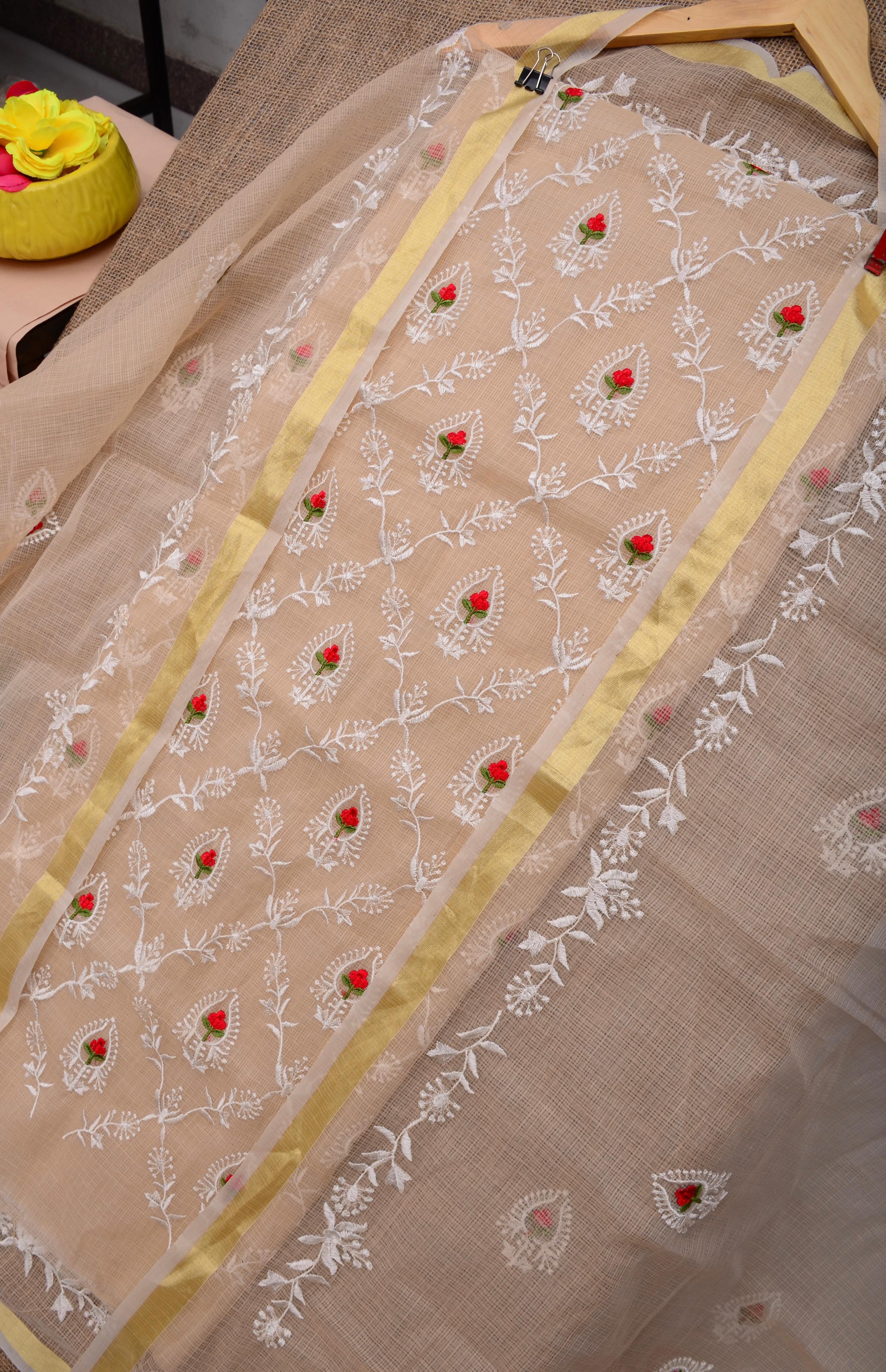 Cream Kota Doria Embroided Suit Fabric With Dupatta