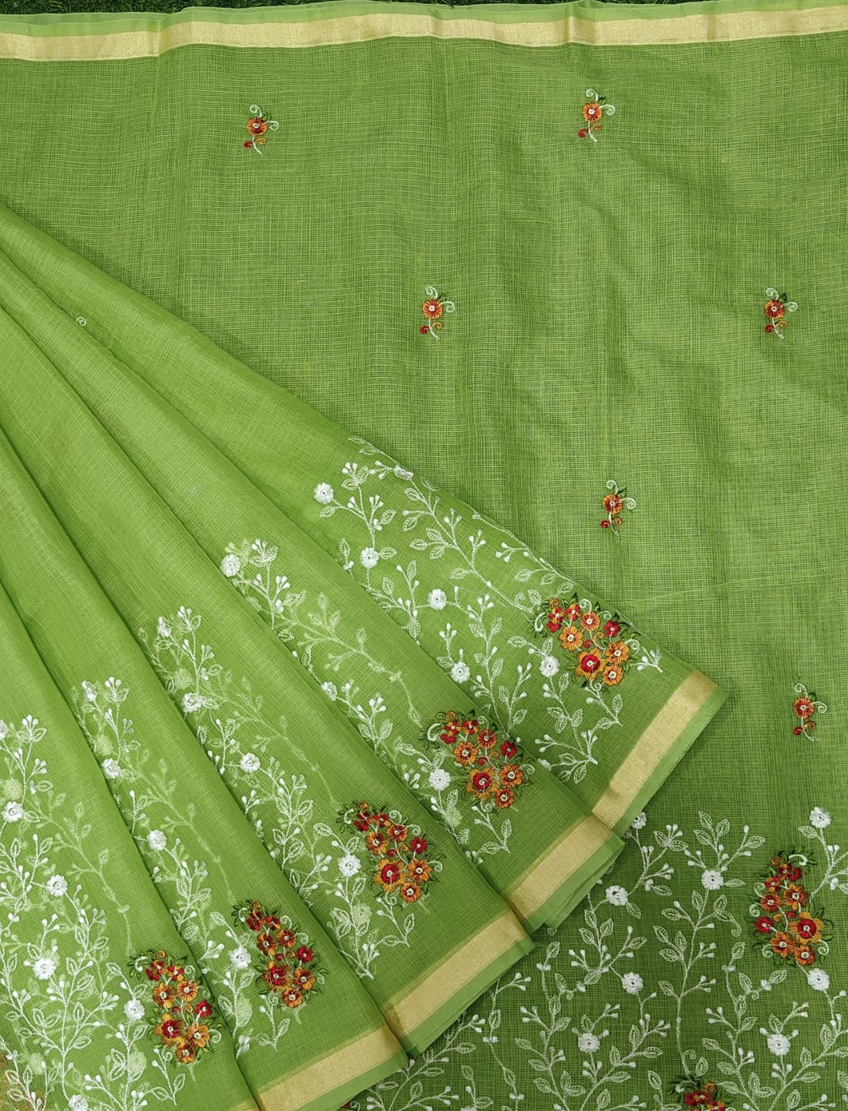 Green Kota Doria Embroidery Work Sari