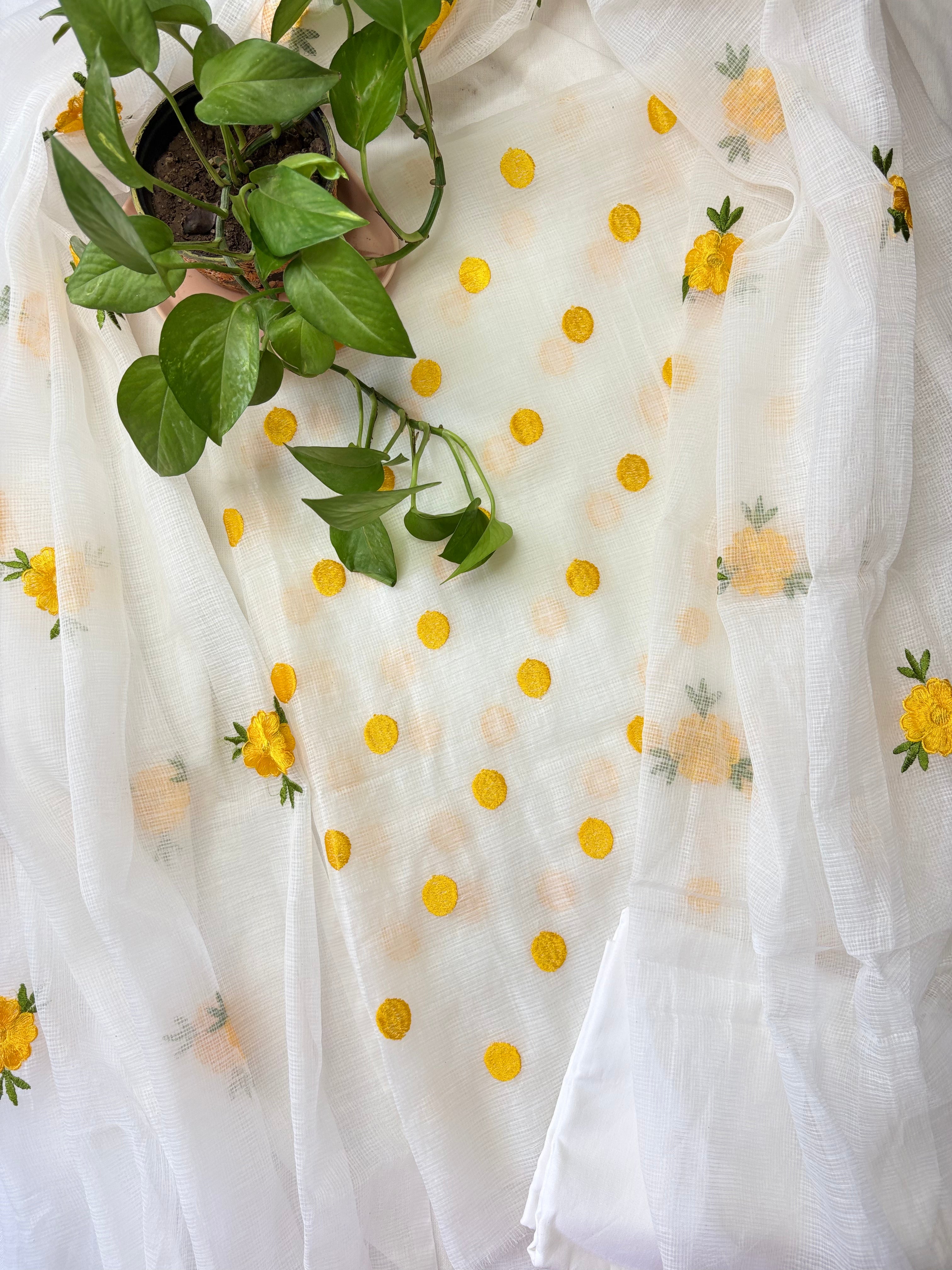 Shailaja- Kota Doriya Embroidery Work Suit In white Colour with yellow dotted touch